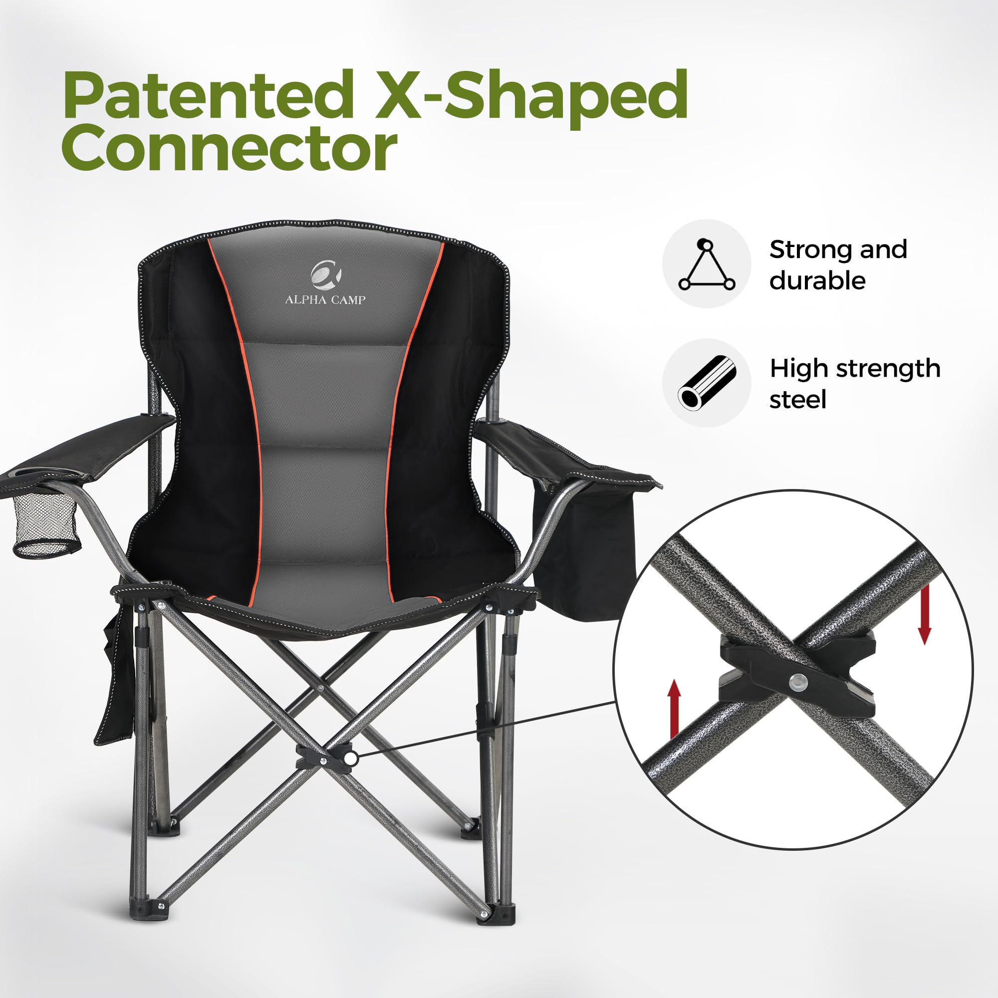 ALPHA CAMP Heavy Duty Oversized Camping Chair - 450 LBS Capacity Steel Frame Folding Chair with Padded Armrests, Cup Holder & Lumbar Support - Portable Collapsible Outdoor Chair for Camping, Beach, Backyard, Picnics & Tailgating