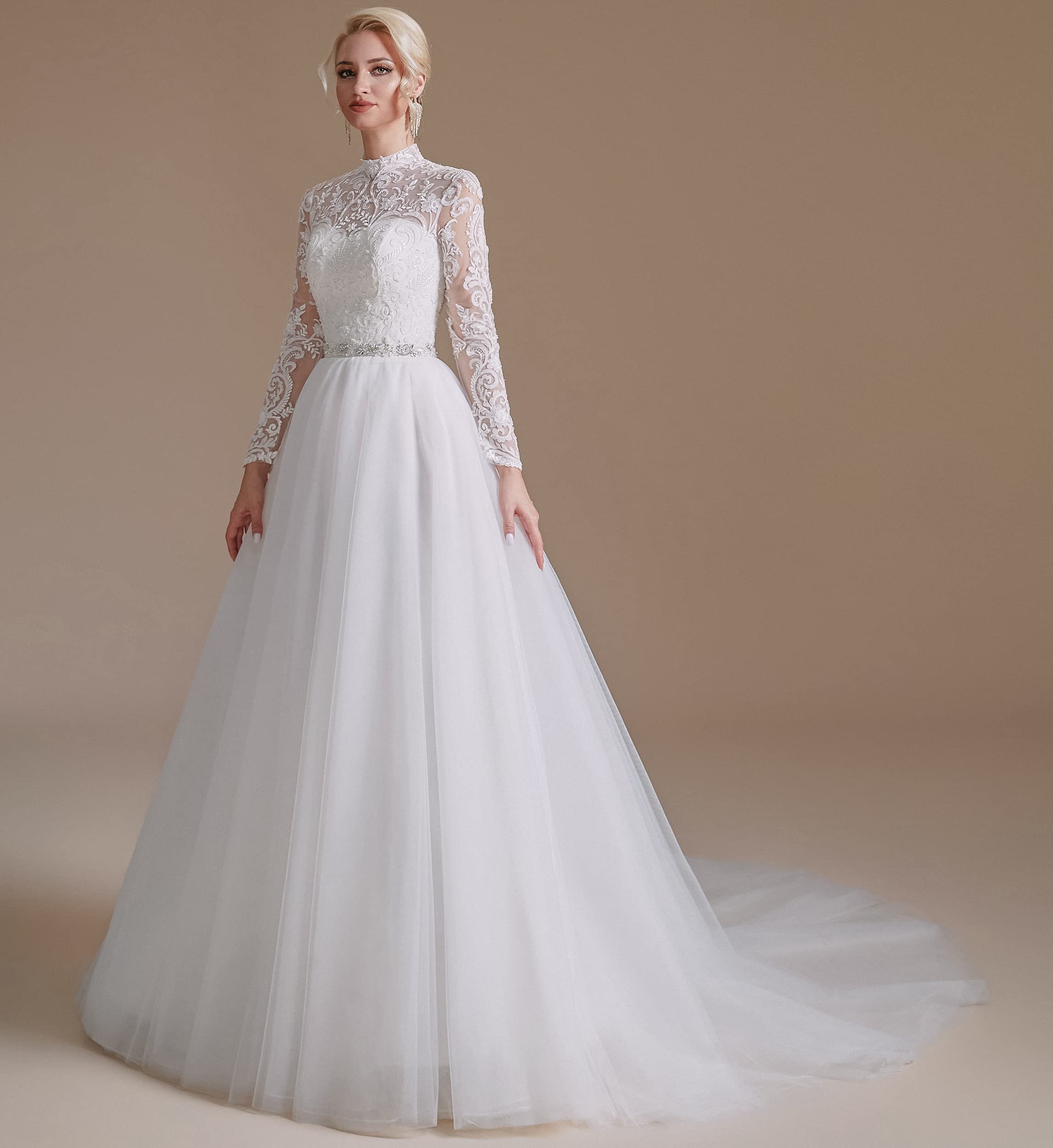 Elegant A-Line Beaded Applique Tulle Wedding Dress for Women - Long Sleeve Bridal Gown for Church, Beach & Garden Ceremonies