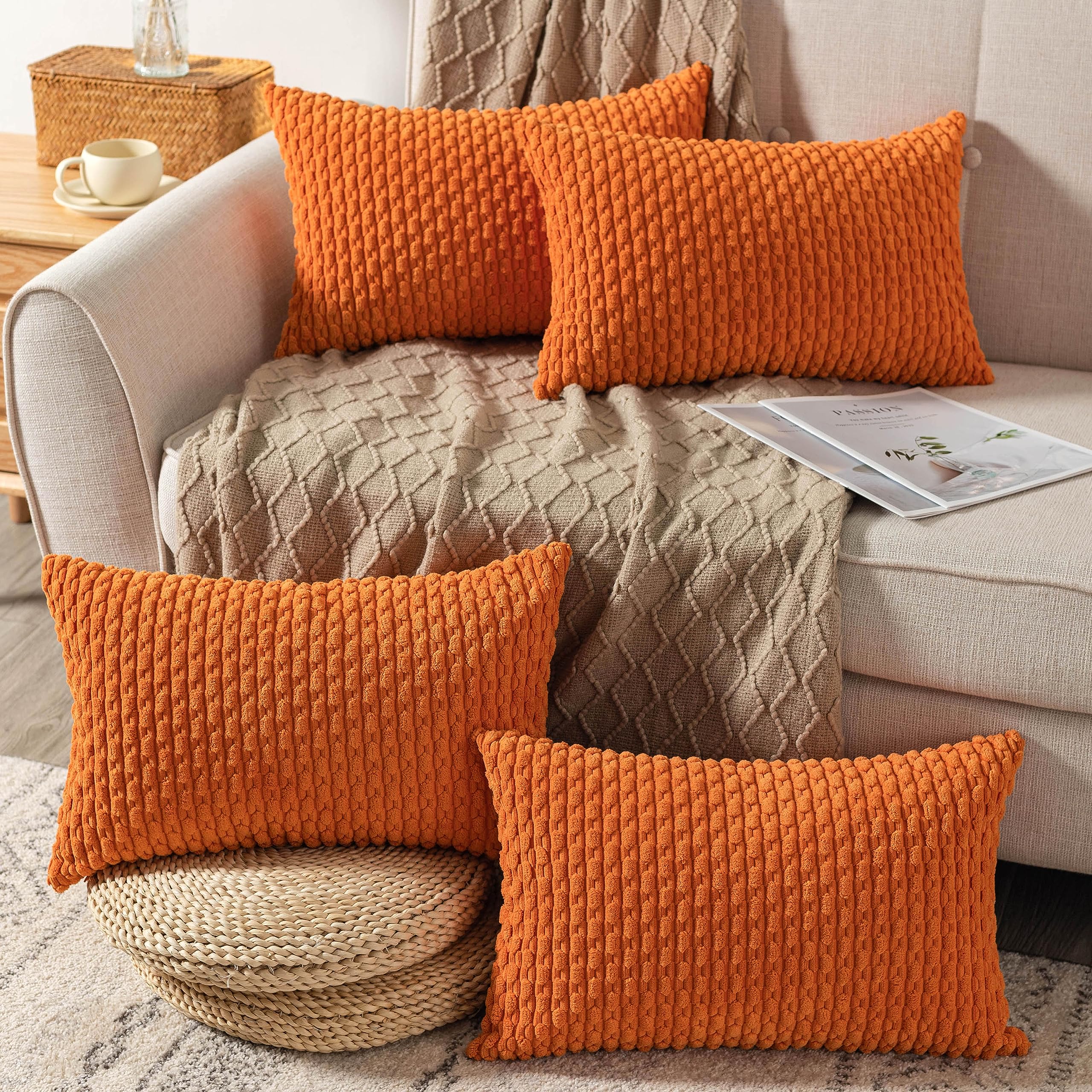 UGASA Soft Corduroy Pillow Covers Set of 4 - 12x20 Inch Boho Stripe Decorative Lumbar Pillow Cases for Sofa, Couch & Bed - Fall Home Decor in Modern Farmhouse Style (Orange) - Perfect for Living Room, Bedroom & Cozy Reading Nook