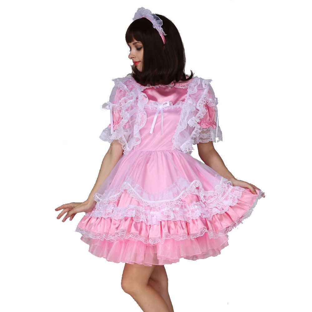 Elegant White Organza and Pink Satin Maid Dress Uniform - Cross Back Design for Cosplay, Halloween, Role Play & Party Costumes