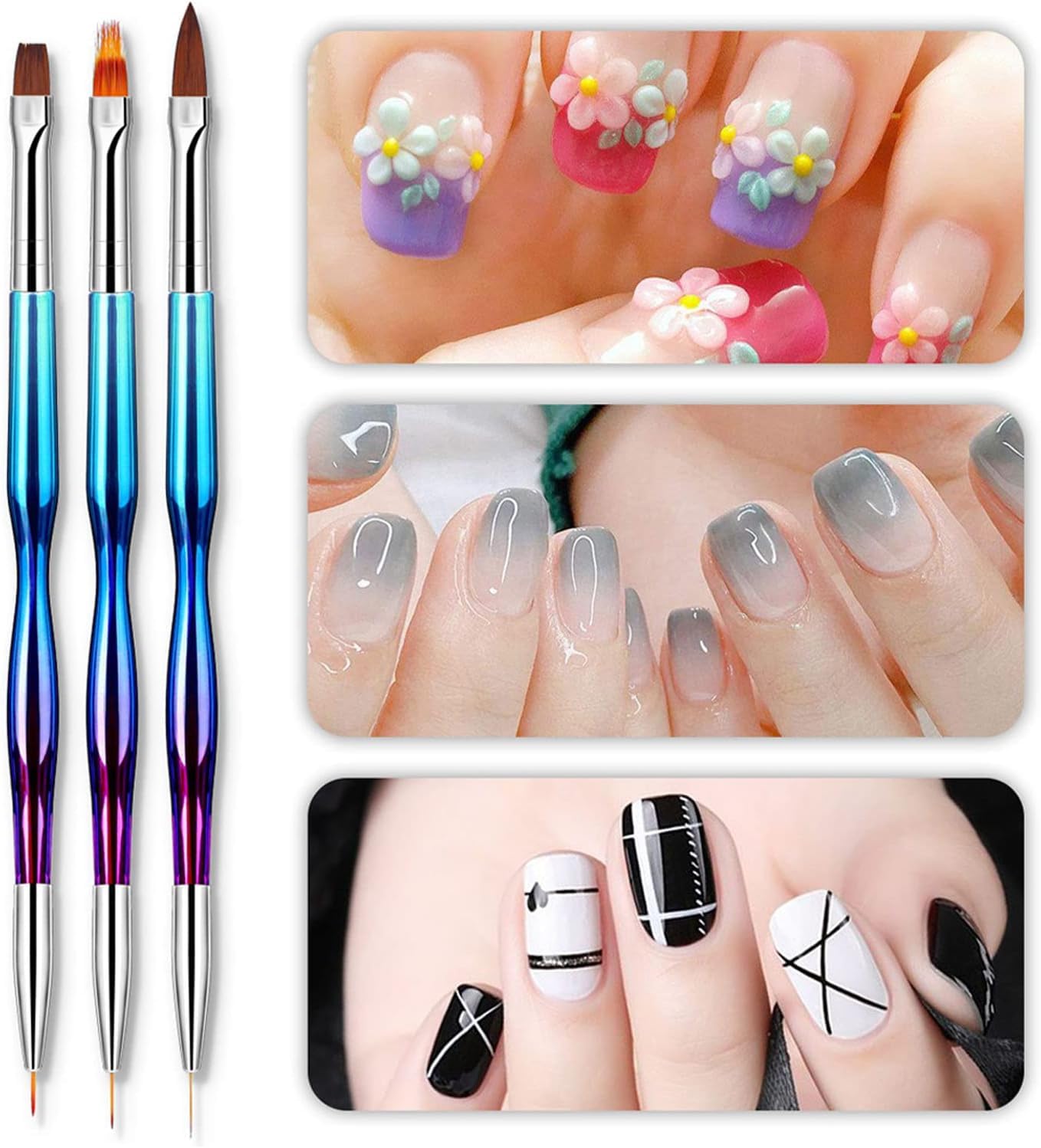 NAILWIND 3pcs Double Ended Nail Art Brush Set - Professional Gel Nail Liner & Painting Brushes for Nail Design, DIY Manicure & Salon Use - Perfect for Acrylic, Gel Polish & Nail Art Accessories