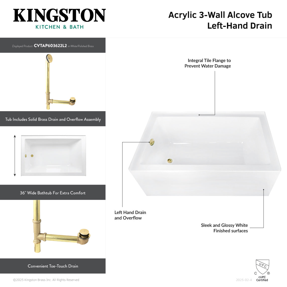 Aqua Eden 60 Inch Acrylic Rectangular 3-Wall Alcove Bathtub Combo with Waste & Overflow Drain - Glossy White/Antique Brass (Left Hand Drain) | Freestanding Soaking Tub for Small Bathrooms & Spa-Like Relaxation