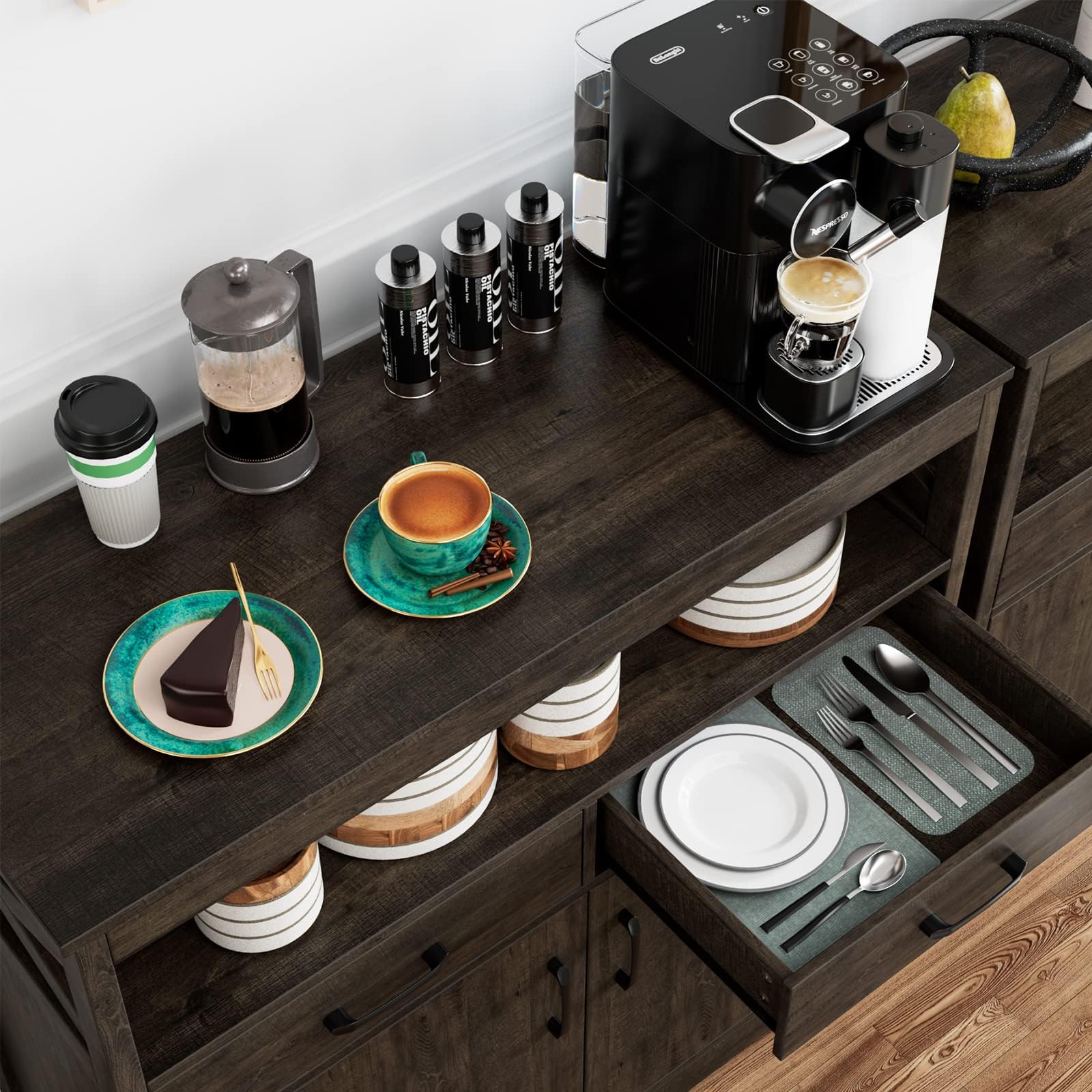 Modern Farmhouse Buffet Sideboard - Wooden Kitchen Storage Cabinet with Shelves, Doors & Drawers - Coffee Bar & Living Room Floor Cupboard - Dark Brown - Perfect for Dining Room Storage, Kitchen Organization & Coffee Station Setup