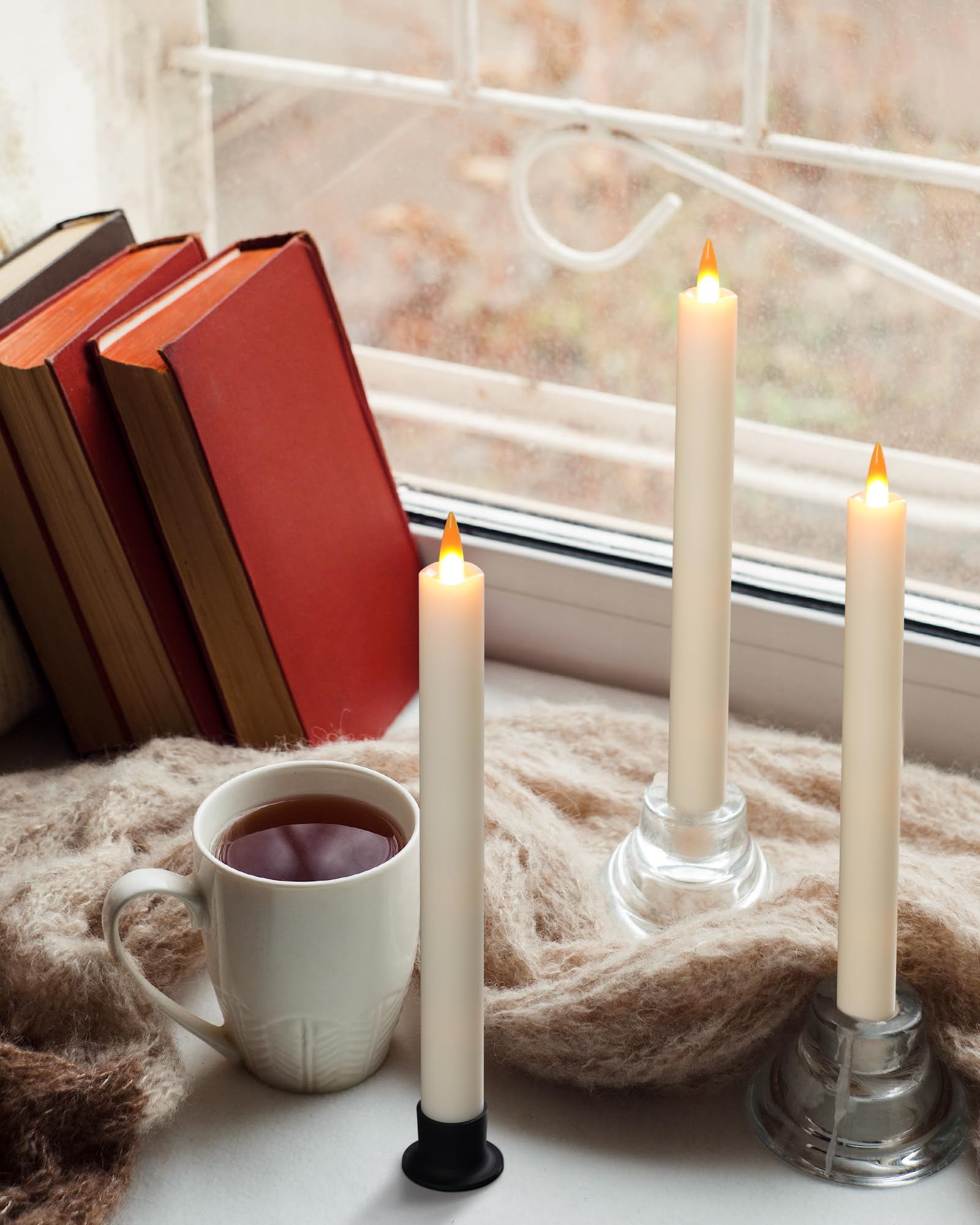 Da by LED Flameless Cone Candles with Remote Timer - 9.6 Inch Ivory Battery Powered Candlesticks - Realistic 3D Flickering False Flame Window Candles (Set of 3) - Perfect for Home Decor, Wedding Centerpieces & Holiday Ambiance