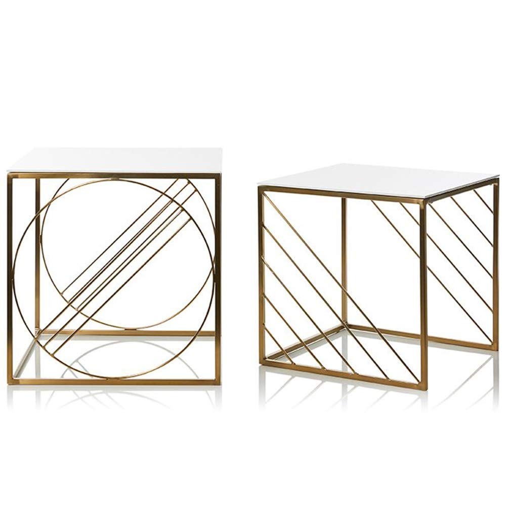 Set of 2 Modern Nesting Side Tables - Square Metal Iron End Tables for Indoor & Outdoor Use, Gold Coffee Nightstands with Decorative Bracket Design | Perfect for Living Room, Patio, or Bedroom Accent Furniture