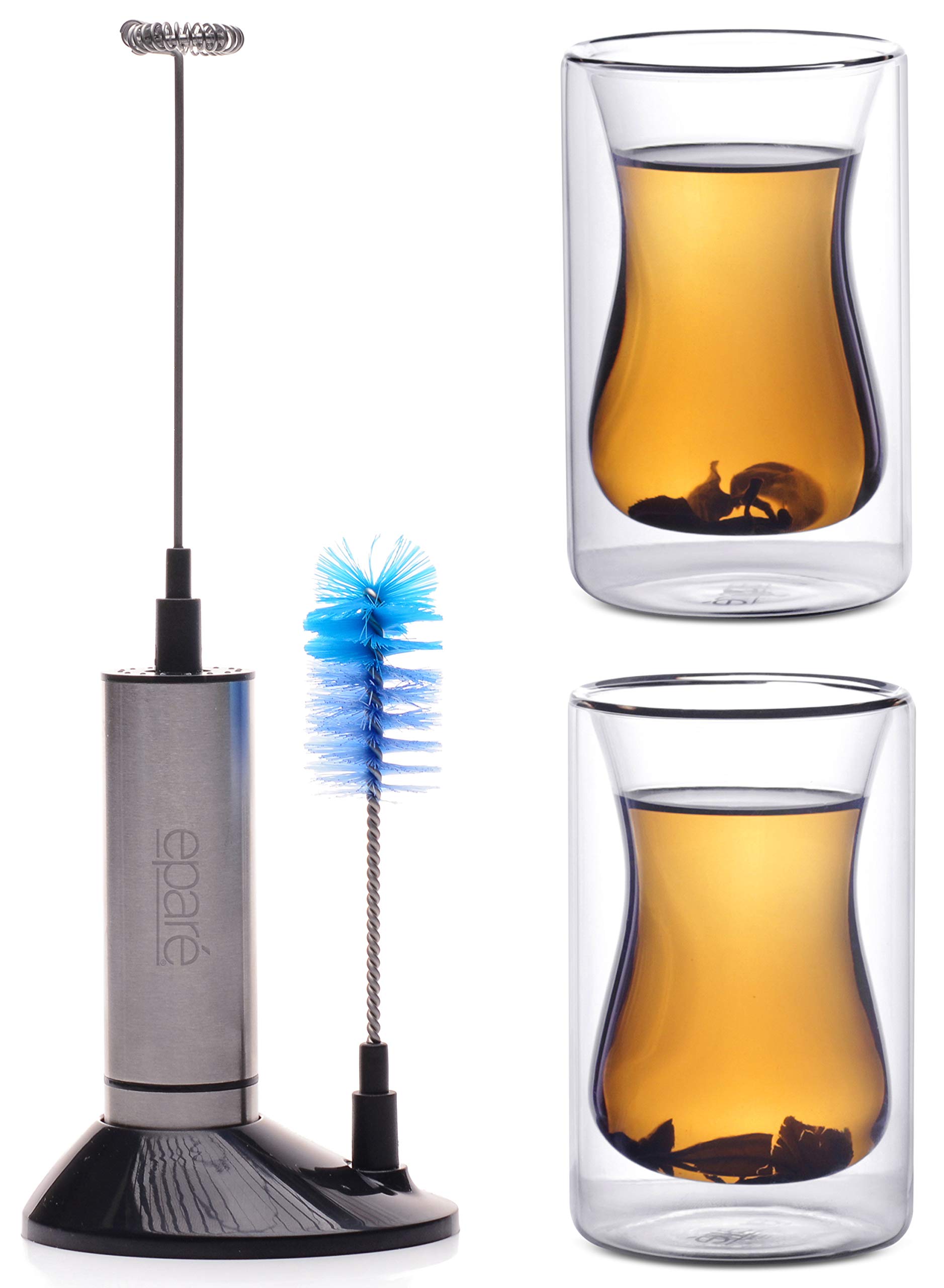 Eparé 6 oz Turkish Tea Glass Set of 2 with Electric Milk Frother - Double Walled Clear Glass Cups & Handheld Mixer for Coffee, Tea, and Hot Chocolate - Perfect for Home, Office, and Cafe Use