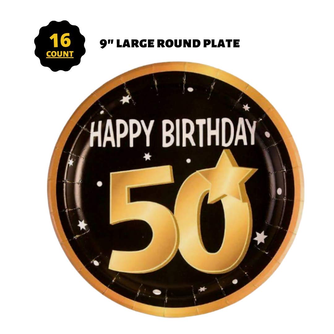 50th Birthday Party Decorations & Tableware Kit for 16 Guests - Gold & Black Theme Party Supplies Set for Anniversary Celebration, Retirement Party, Milestone Event Decor