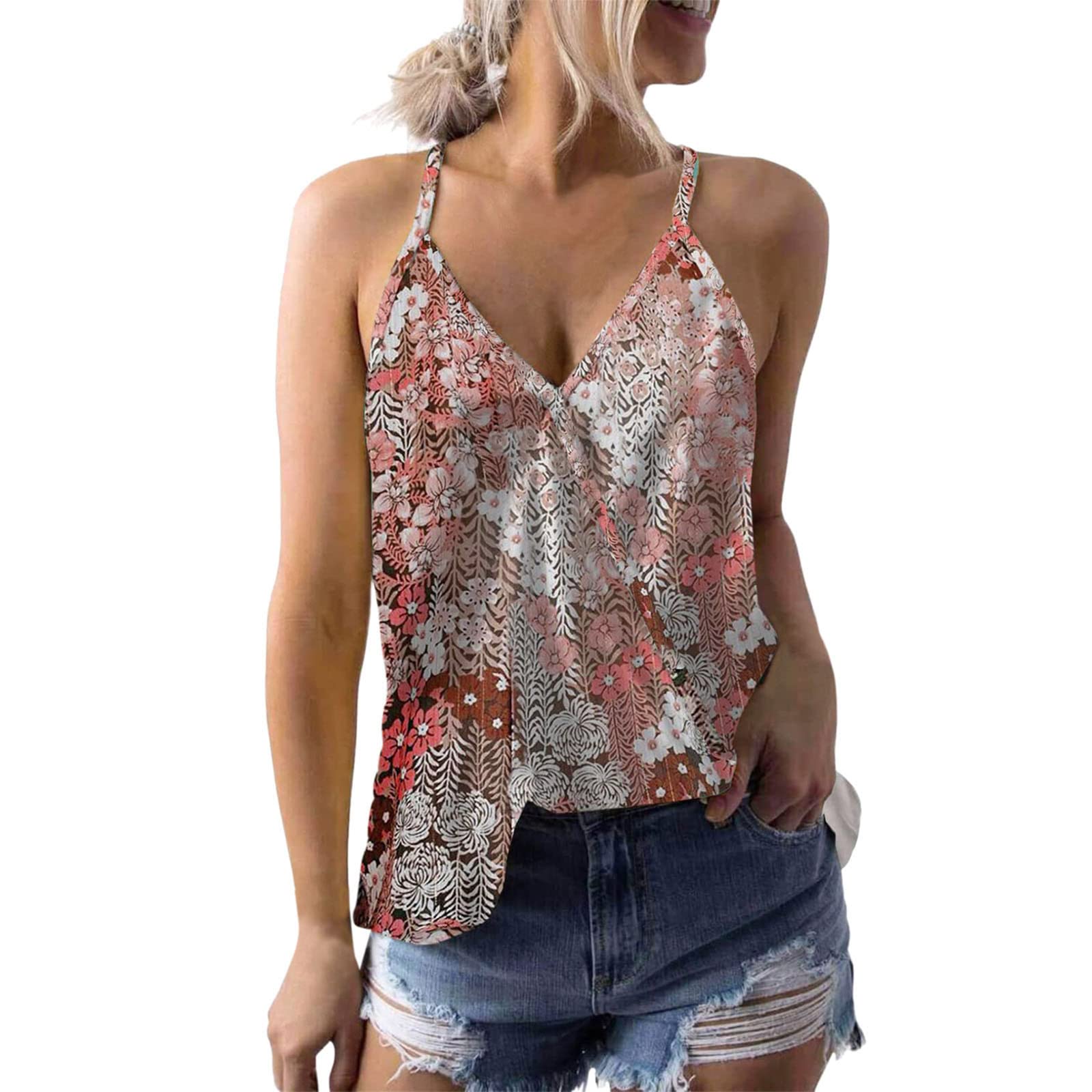 2022 Women's Summer V-Neck Waffle Knit Sleeveless Loose T-Shirt - Casual Comfort Top for Beach, Vacation & Everyday Wear