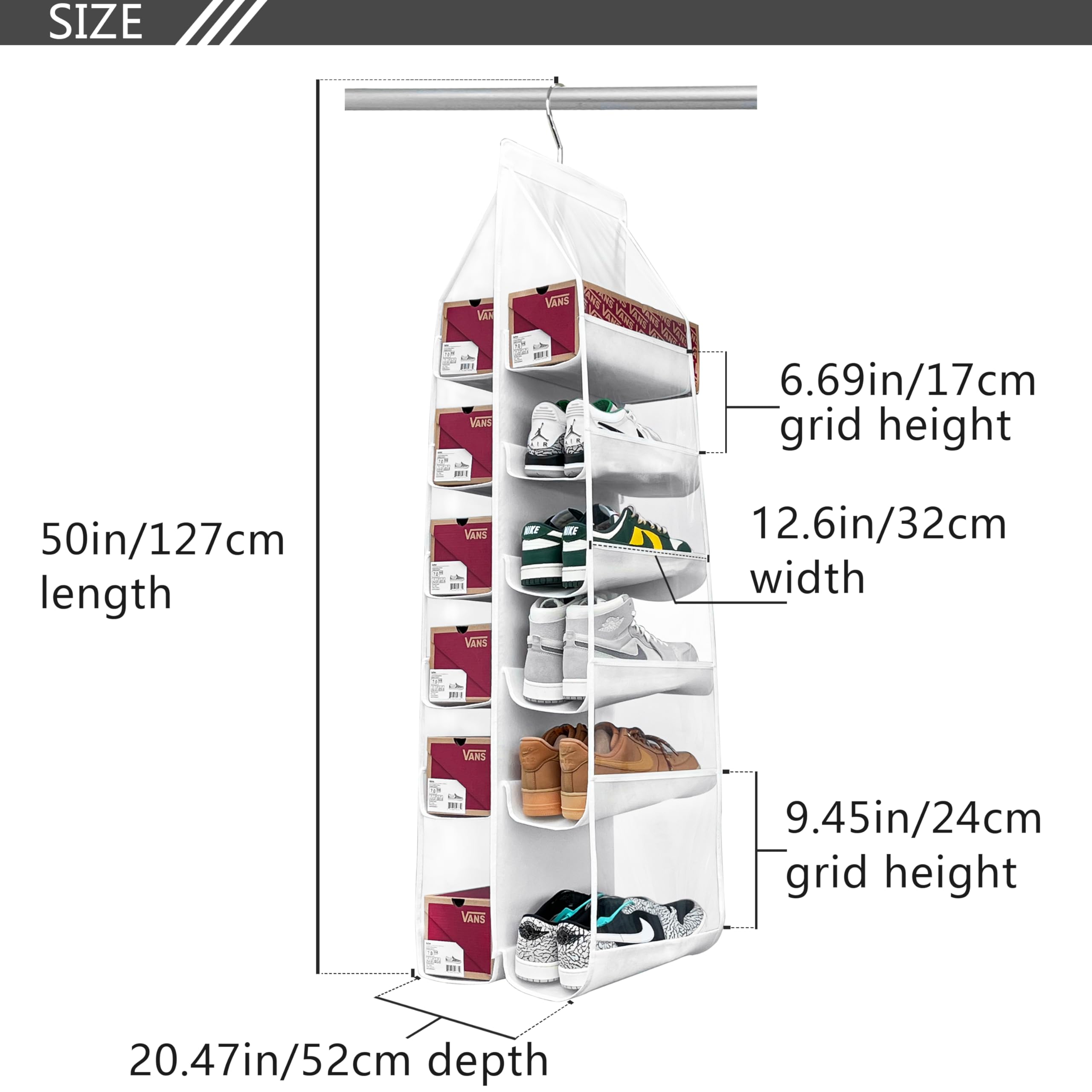 Zebricolo Hanging Shoe Rack for Closet - Extra Large 12 Pocket Shoe Organizer, Space Saving Closet Storage Solution for Sneakers, Heels & Boots - Perfect for Bedroom, Dorm, Entryway (1 Pack, White)