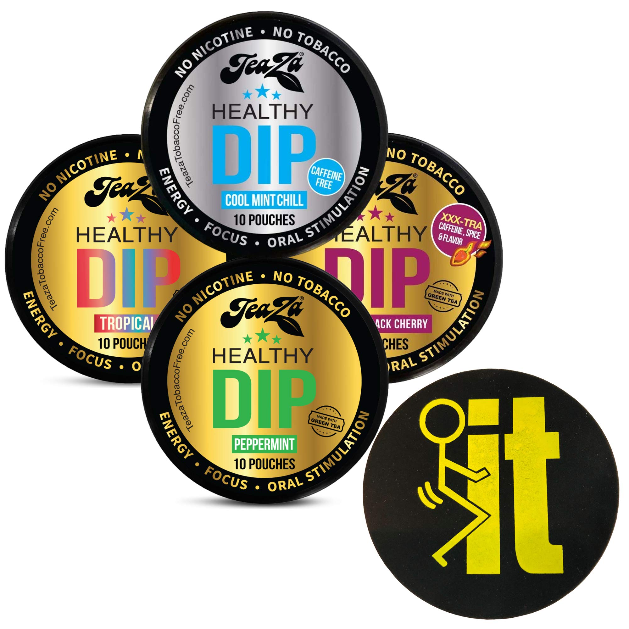 TeaZa Herbal Pouch Variety Pack - Peppermint, Cool Mint, Tropical & Bangin Black Cherry Flavors (4 Cans) with DC Crafts Nation Skin Can Cover - FIT Black | Refreshing Herbal Tea for Relaxation, Energy Boost & Daily Hydration