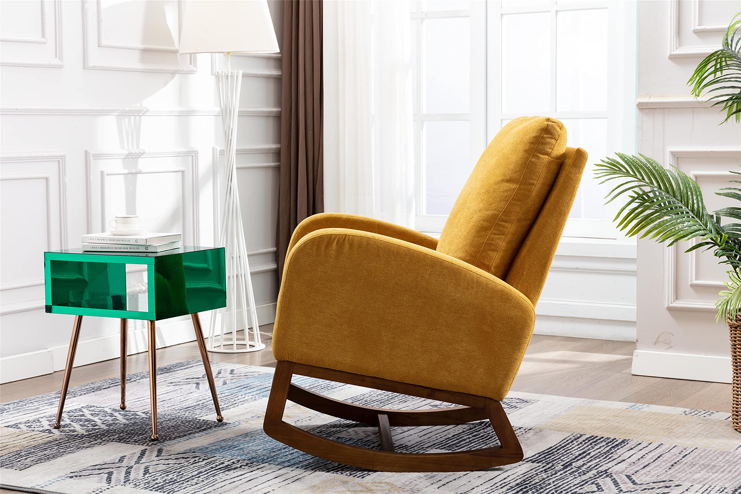 Modern Rocking Chair Nursery Glider Recliner - High Back Cushion Accent Chair for Baby Nursery, Kids Room & Living Room - Comfortable Indoor Lounge Rocker with Pocket - Perfect for Breastfeeding, Reading & Relaxing (Yellow)