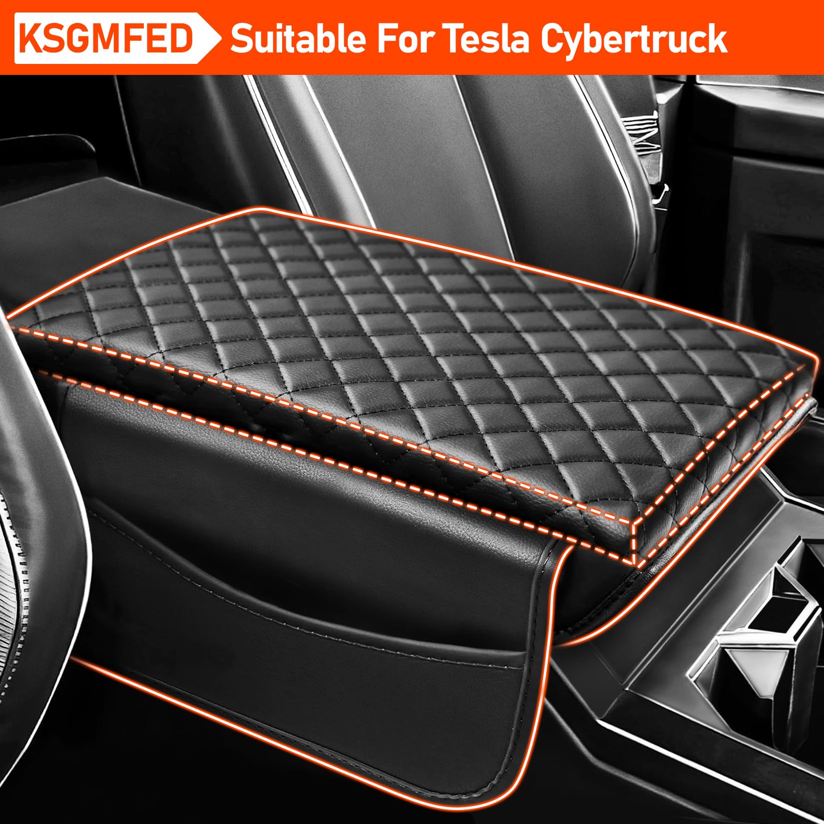 Premium Leather Console Armrest Cover with Side Pockets for Tesla Cybertruck 2023-2024 - Anti-Scratch Protector & Interior Accessory for Comfortable Driving Experience