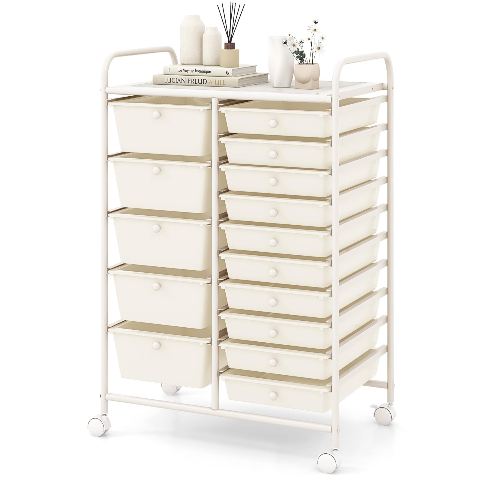 COSTWAY 15-Drawer Rolling Storage Cart | Heavy-Duty Mobile Utility Organizer with Lockable Wheels | Multipurpose Tool & Paper Storage for Home, Office & School | White | Ideal for Workshop Organization & Classroom Supplies