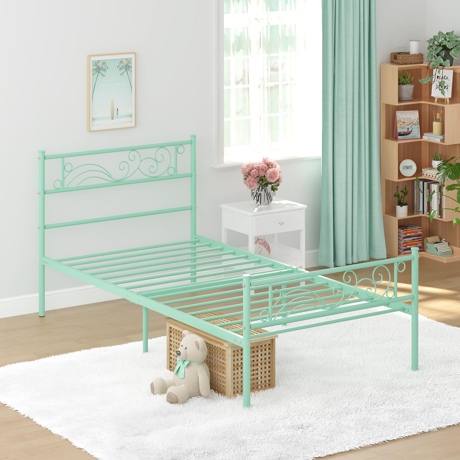 Weehom Twin Bed Frame with Headboard - Heavy Duty Metal Platform Bed, No Box Spring Needed, Under Bed Storage Space, Easy Assembly Twin Size Bed for Kids, Girls & Adults - Mint Green | Perfect for Small Bedrooms, Guest Rooms & Kids' Rooms