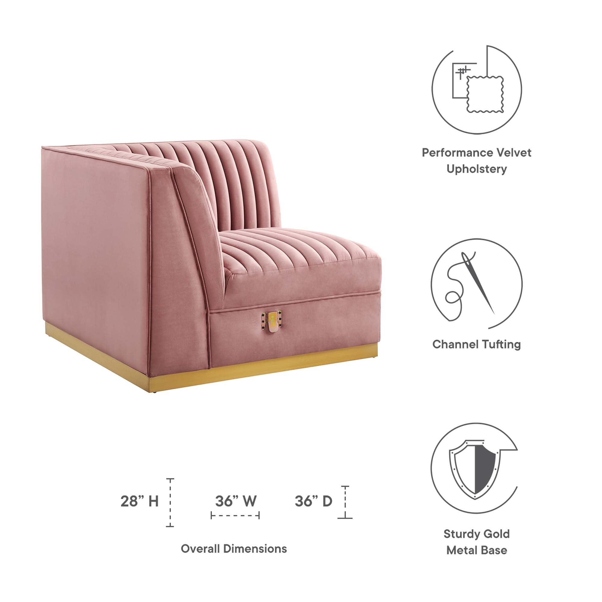 Modway Sanguine Channel Tufted Performance Velvet Modular Sectional Sofa with Ottoman - Left Corner Chaise Lounge in Dusty Rose | Modern Living Room Furniture for Small Spaces & Apartments