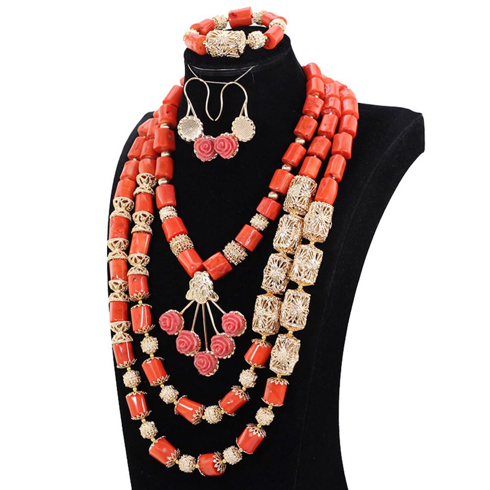 African Coral Bead Jewelry Set - Gold Beaded Fashion Necklace for Women | Handmade Tribal Necklace, Boho Chic Accessory for Parties, Weddings & Everyday Wear