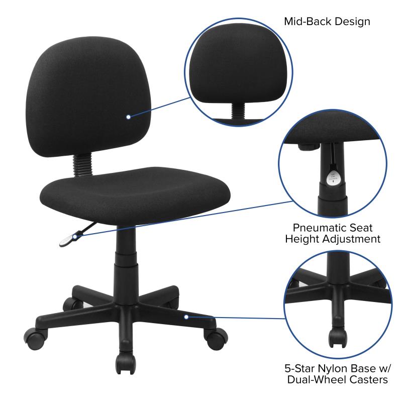 BT 660 Flash Mid Fabric Swivel Armless Task Office Chair - Ergonomic Desk Chair for Home & Office Workspace, Study, Gaming, and Conference Rooms