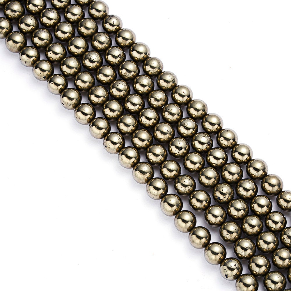 4mm 6mm 8mm 10mm 12mm 15.5mm Gold Pyrite Smooth Round Beads Strand - Perfect for Jewelry Making, DIY Crafts, and Bracelet Necklace Designs