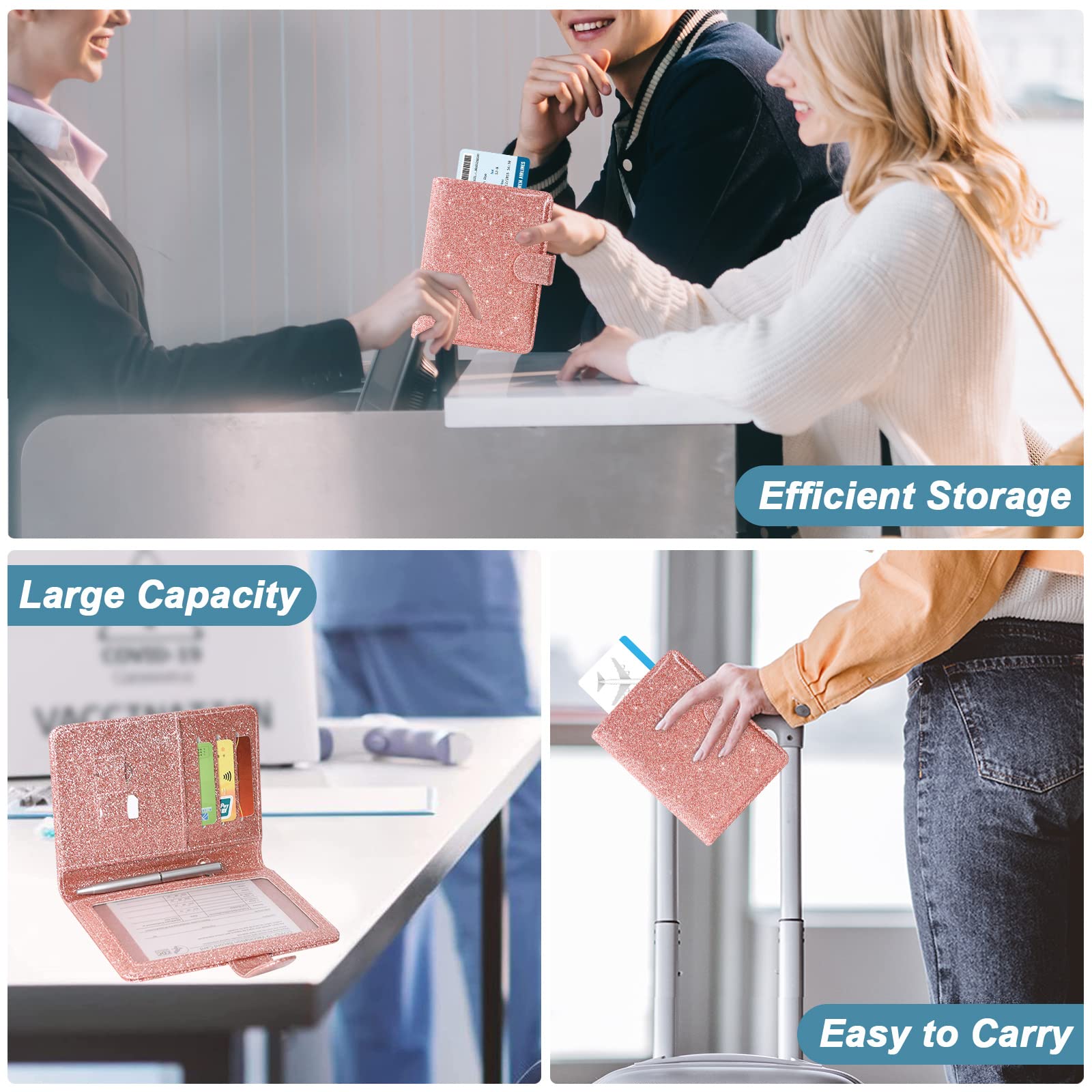 Premium PU Leather RFID Blocking Passport Holder & Travel Wallet - Secure Magnetic Closure, Includes Free Mini Pen - Glitter Rose (Women & Men) - Ideal for Air Travel, Business Trips & Vacation Document Organization