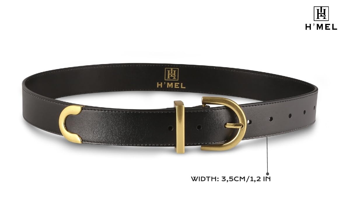 H'MEL Women's Fashion Leather Belts - Gold Metal Buckle for Jeans, Dress Pants | Black & Beige Waist Belts for Everyday Wear & Office Outfits