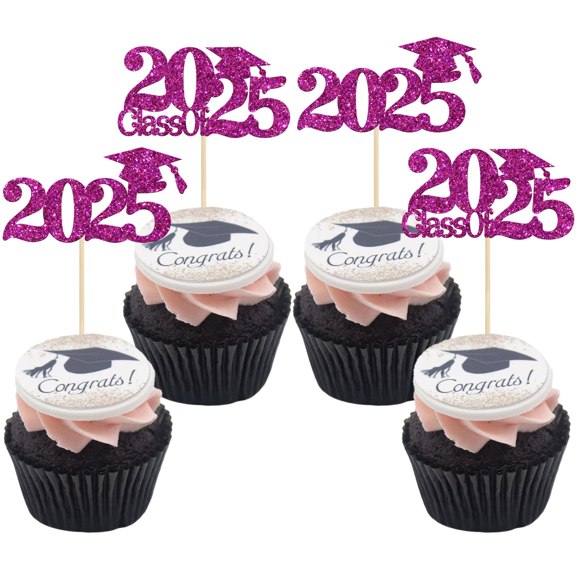 24Pcs Class of 2025 Graduation Cupcake Toppers - Purple Glitter Grad Cap Cake Decorations for 2025 Graduation Party Supplies | Perfect for High School & College Graduation Cakes, Cupcakes, and Dessert Tables