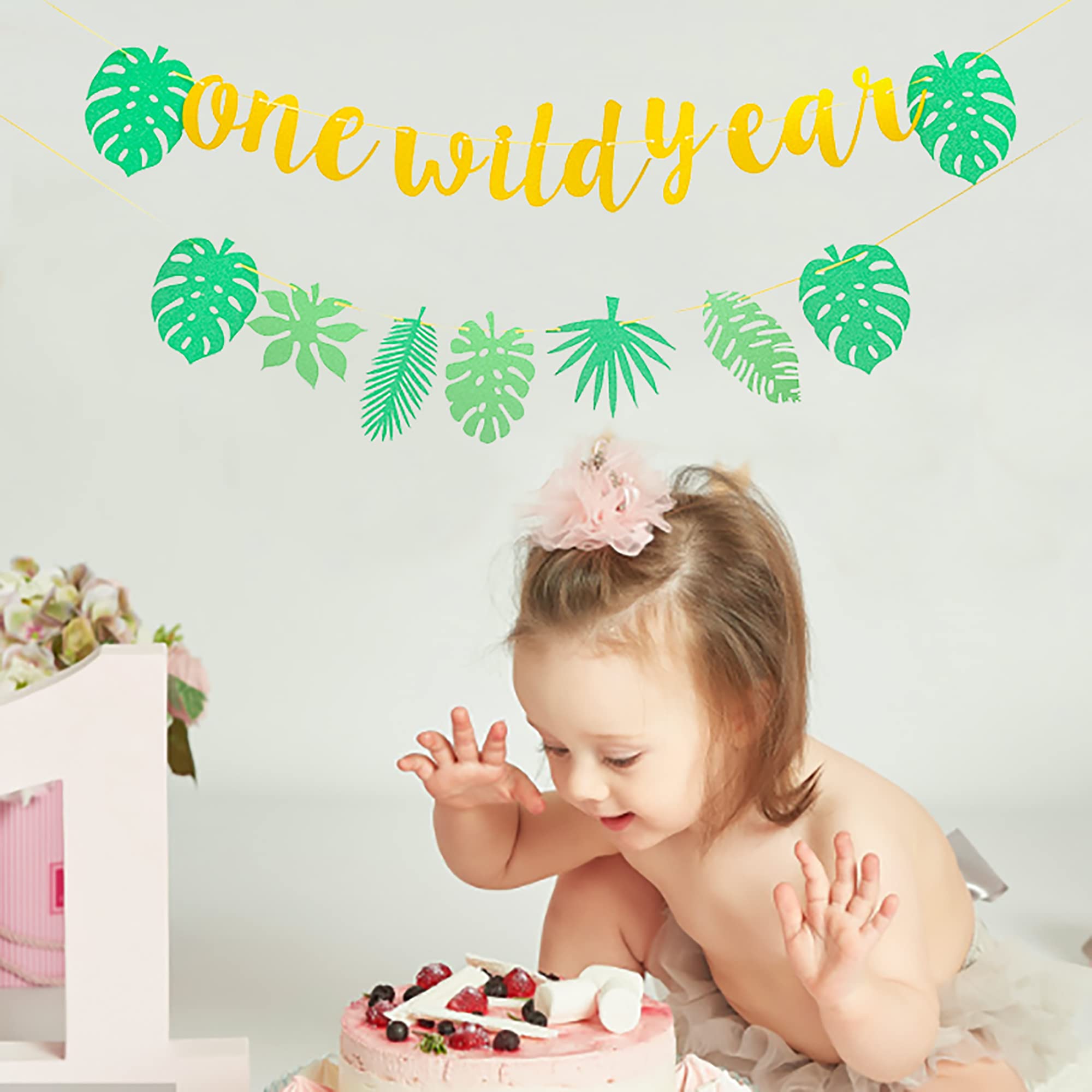 Gold Glitter Wild One Birthday Banner with Tropical Palm Leaves & Turtle - 1st Birthday Party Decor, Baby Shower Garland Sign - Perfect for Jungle Theme Celebrations, Nursery Wall Decor & Photobooth Backdrops