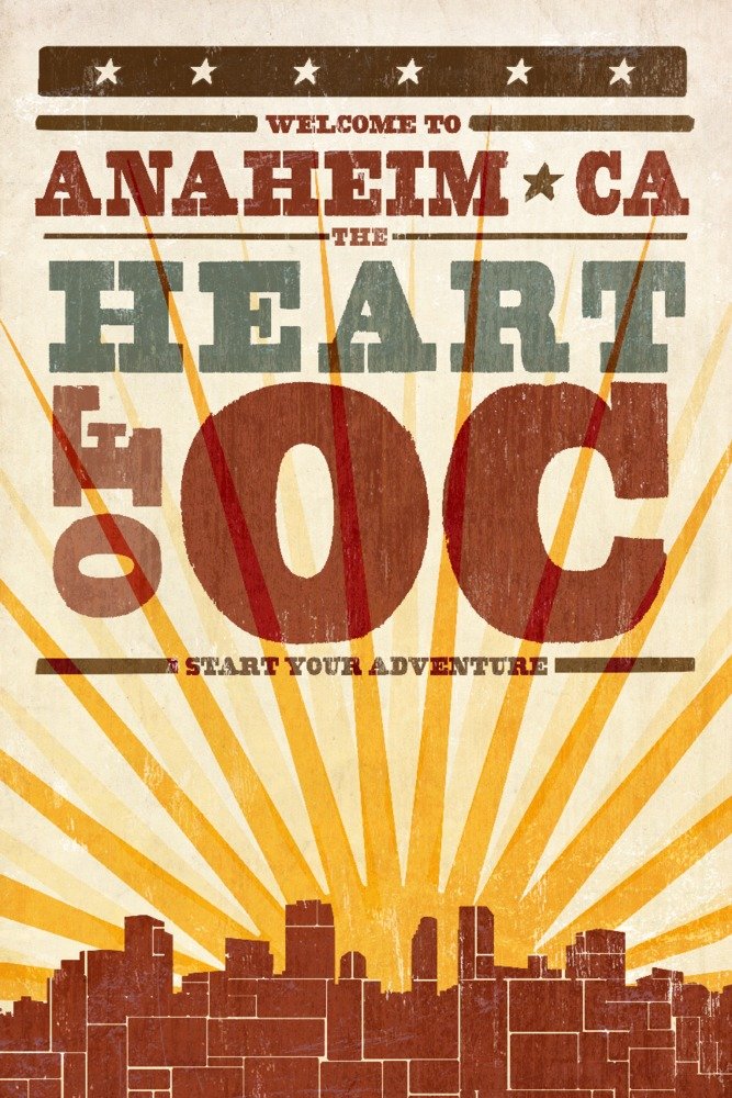 Anaheim California Skyline Wall Art Poster - 12x18 Sunburst Screenprint Style Decor for Living Room, Bedroom & Office