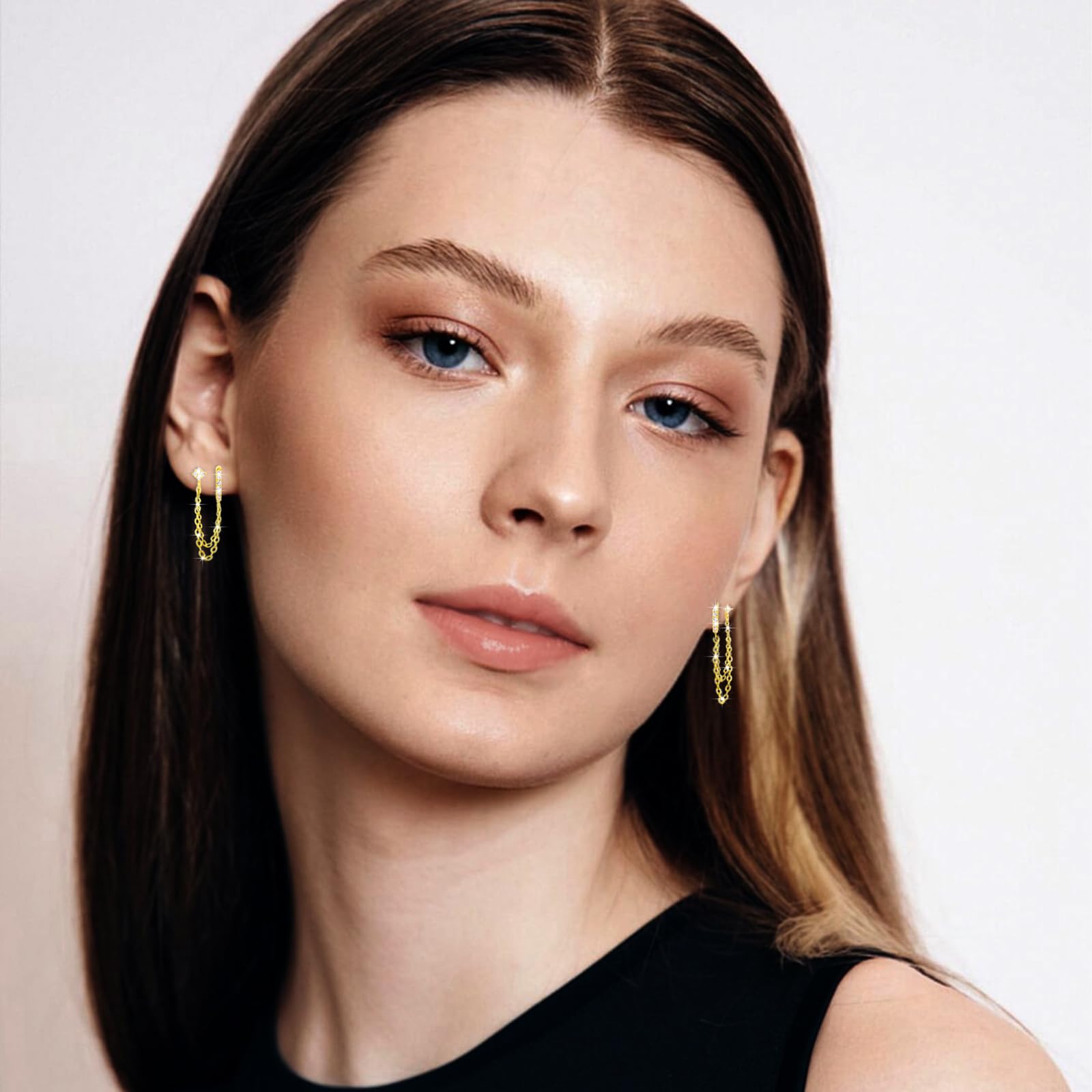 925 Sterling Silver Gold Plated Flower Stud Chain Earrings with Zirconia | Double Piercing Dangle Huggie Hoop Earrings for Women | Elegant Jewelry Gift for Birthday, Anniversary & Party Occasions