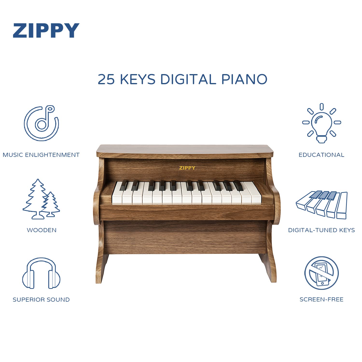 ZIPPY 25-Key Kids Digital Piano Keyboard - Mini Wooden Educational Music Toy for Toddlers, Boys & Girls - Perfect for Early Learning, Playtime & Home Music Practice