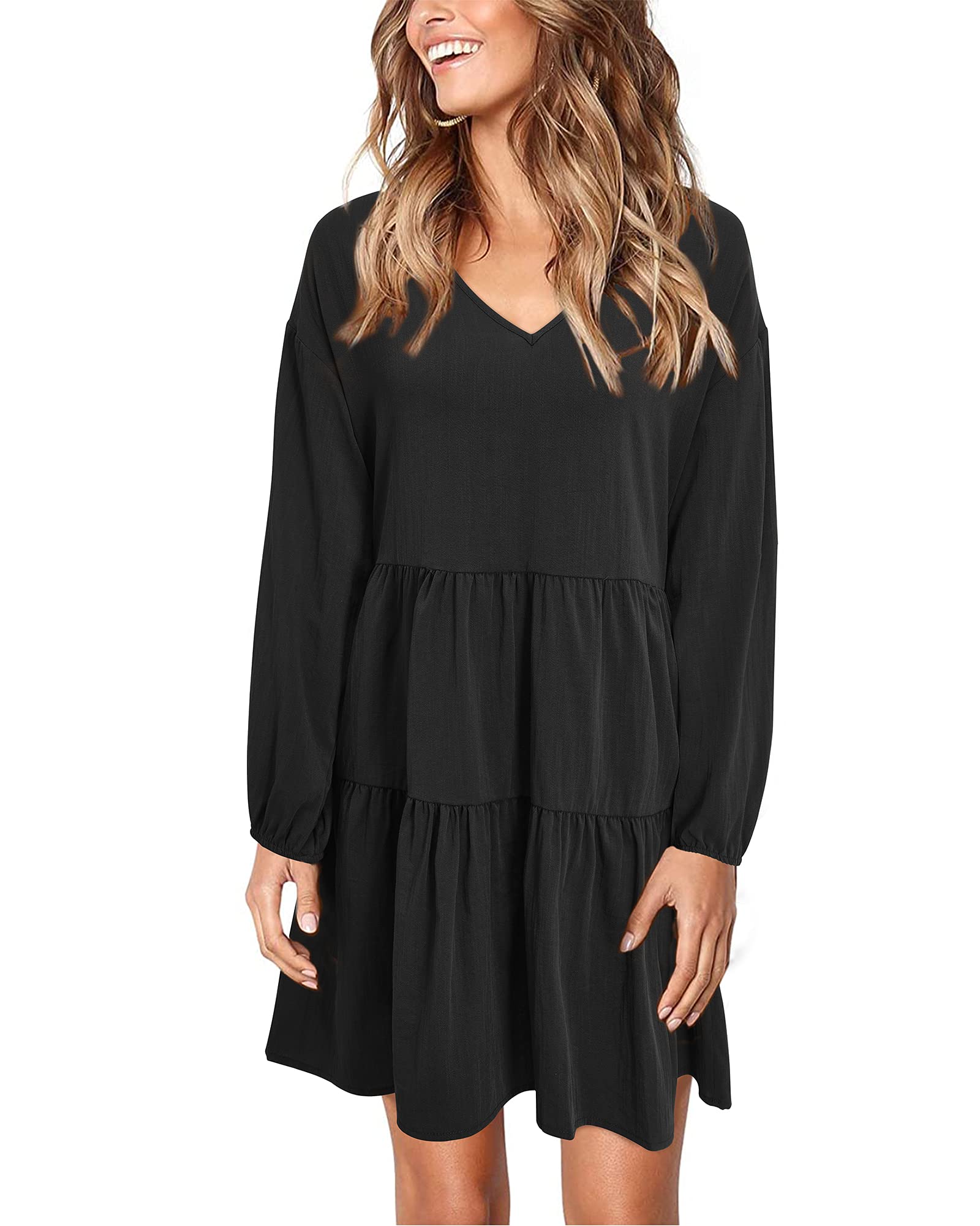 ULTRANICE Women's Ruffled V-Neck Button-Down Long Sleeve Flowy Swing Dress - Casual Loose Fit Shift Dress for Work, Date Night & Special Occasions