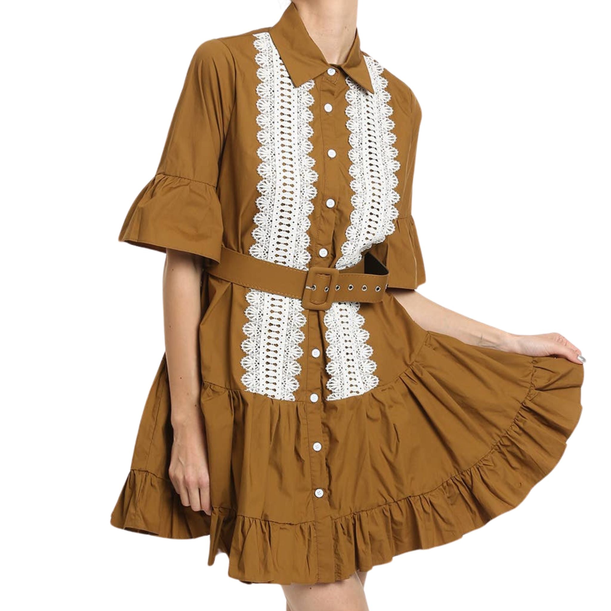 Elegant Ruffled Front Lace Detail Mini Dress with Adjustable Belt - Perfect for Date Night & Summer Parties