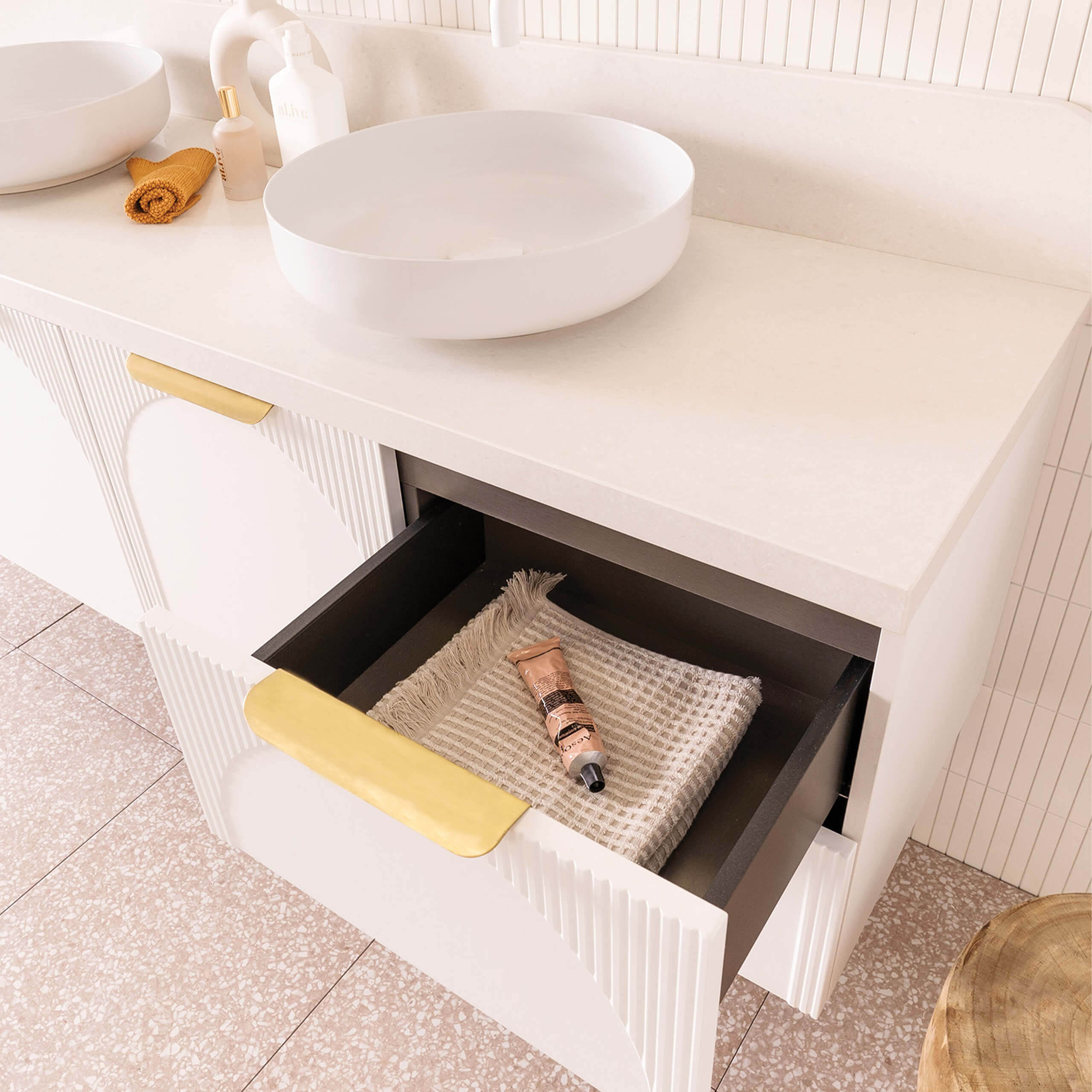 Premium Solid Surface Wall Mounted Vanity with Drawer - Cherry Pie Finish for Bathroom & Powder Room | Space-Saving Modern Bathroom Storage Solution