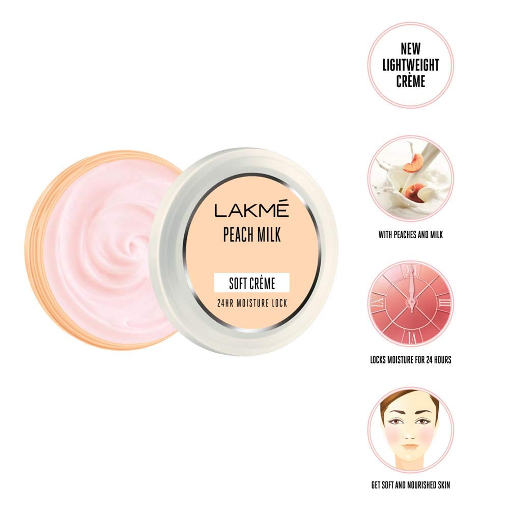 LAKMÉ Peach Milk Soft Creme Moisturizer - Lightweight Face Cream for Dry Skin, Non-Sticky 24H Hydration, Glowing Skin Care - Perfect for Daily Use & Makeup Base (100g)