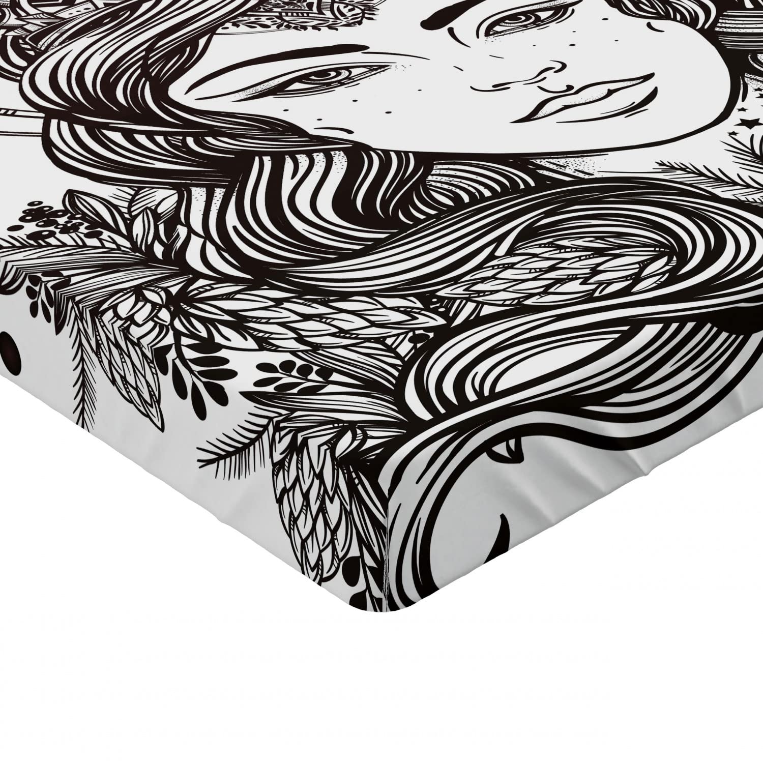 Ambesonne Queen Fitted Sheet - Winter Snow Queen Hand Drawn Art Bohemian Mythical Print Bedding, Deep Pocket Elastic All Around for Comfort, Queen Size White & Black - Perfect for Cozy Winter Nights & Boho Chic Bedroom Decor