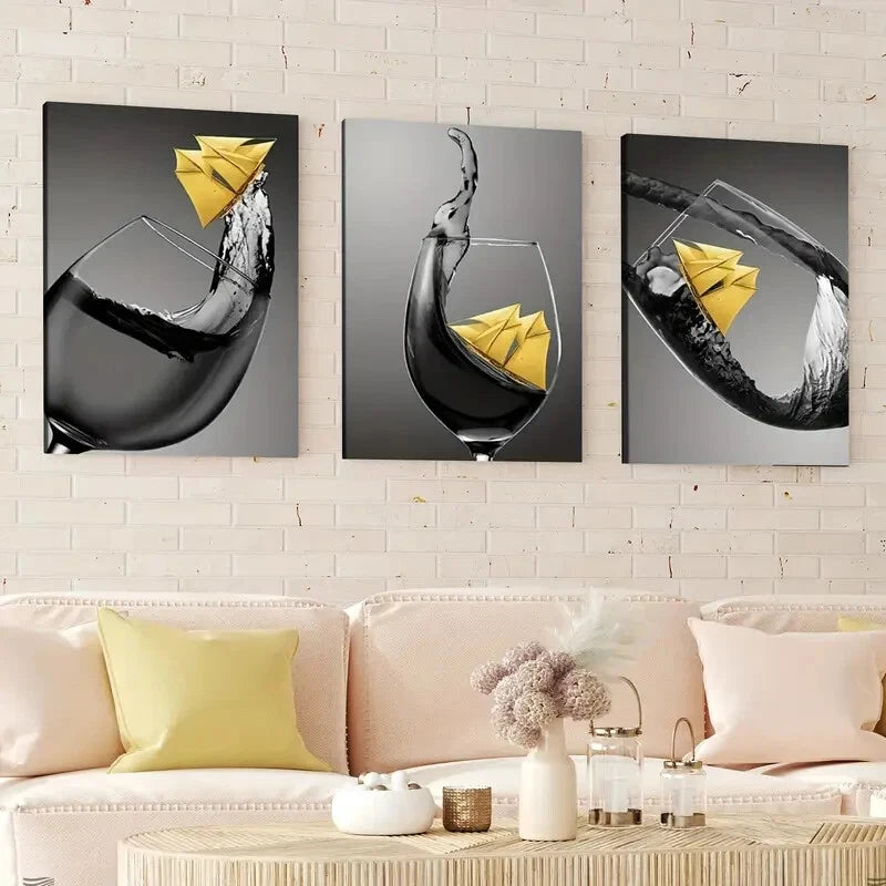 3-Piece Abstract Black & Yellow Wine Glass Wall Art Set - Framed Canvas 40x60cm - High Quality Print - 100% Australian Made - Ready to Hang - Perfect for Living Room, Dining Room & Home Decor
