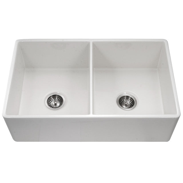 Houzer Platus Series 33-Inch Fireclay Kitchen Sink - Dual Mount Undermount/Apron Front Farmhouse Double Bowl (50/50 Split) - Perfect for Modern Farmhouse, Rustic & Traditional Kitchen Remodels