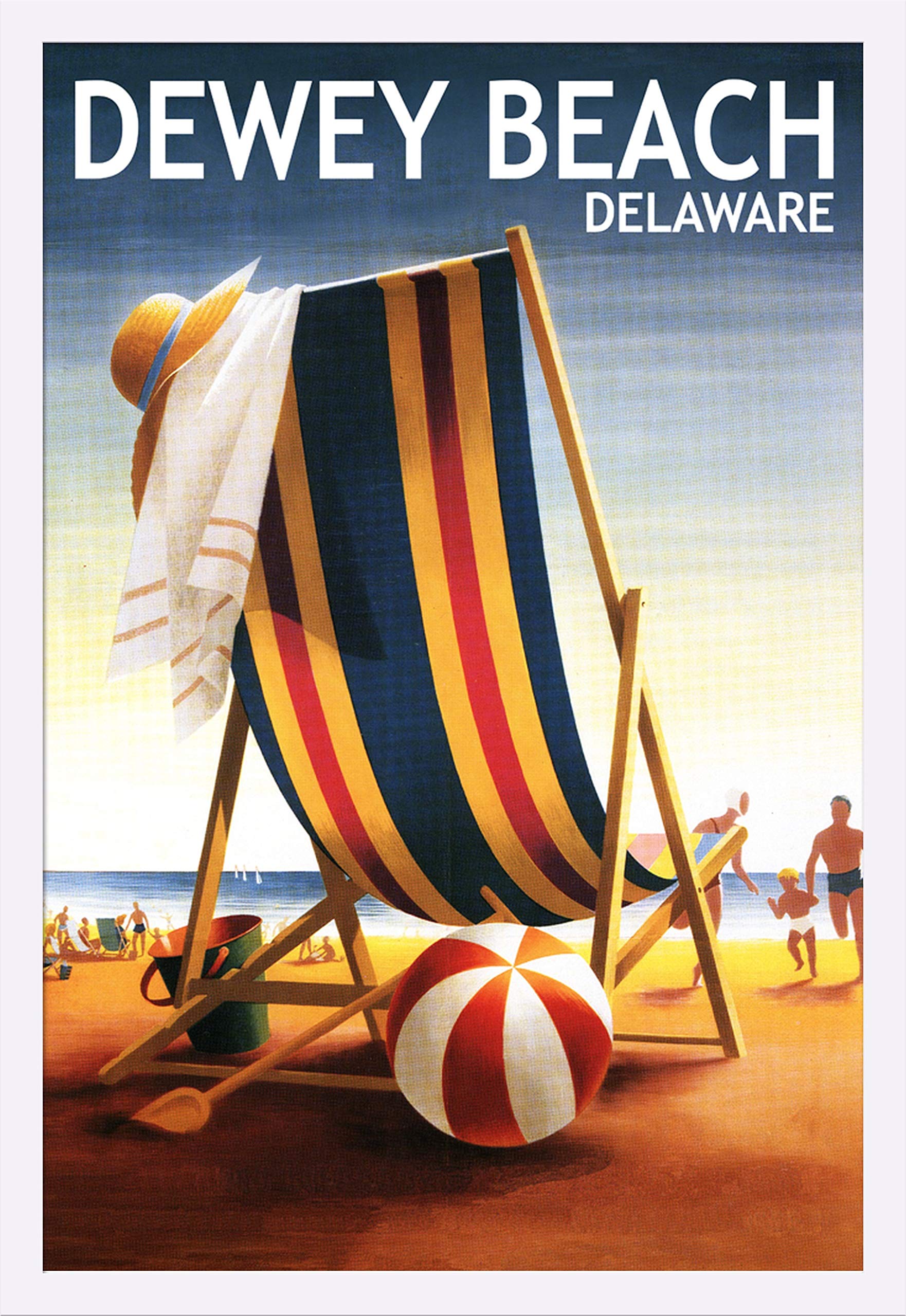 Dewey Beach Delaware Beach Chair and Ball 53828 - 24x36 Giclee Art Print, Gallery Framed in White Wood - Perfect for Coastal Home Decor, Beach House Wall Art, and Nautical Themed Living Rooms