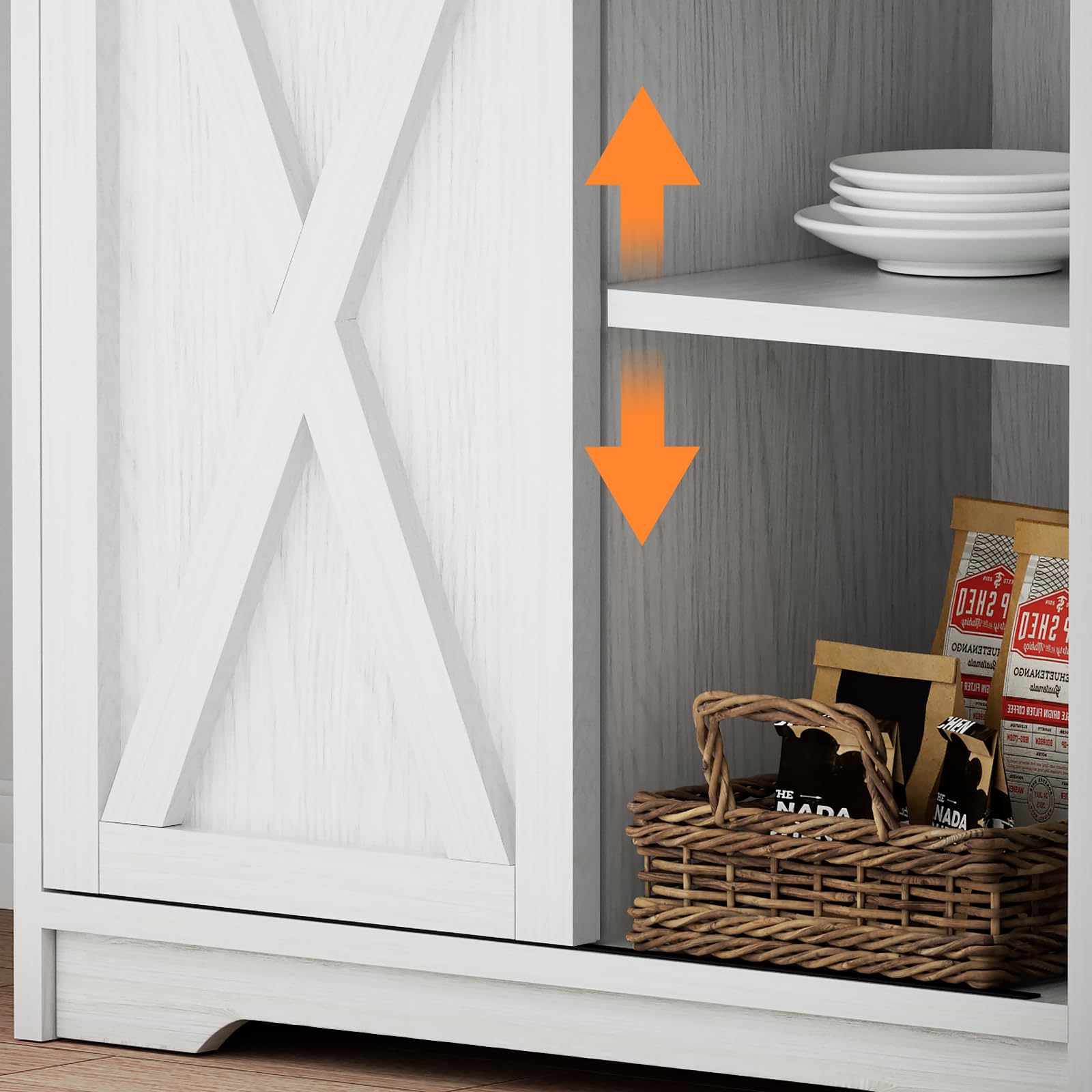 Farmhouse Coffee Station with 3-Tier Storage Hutch & 6 Hooks - 56 Inch Rustic Coffee Bar Table with Adjustable Shelves for Kitchen, Living Room or Dining Room - Perfect for Organizing Mugs, Coffee Supplies & Decor