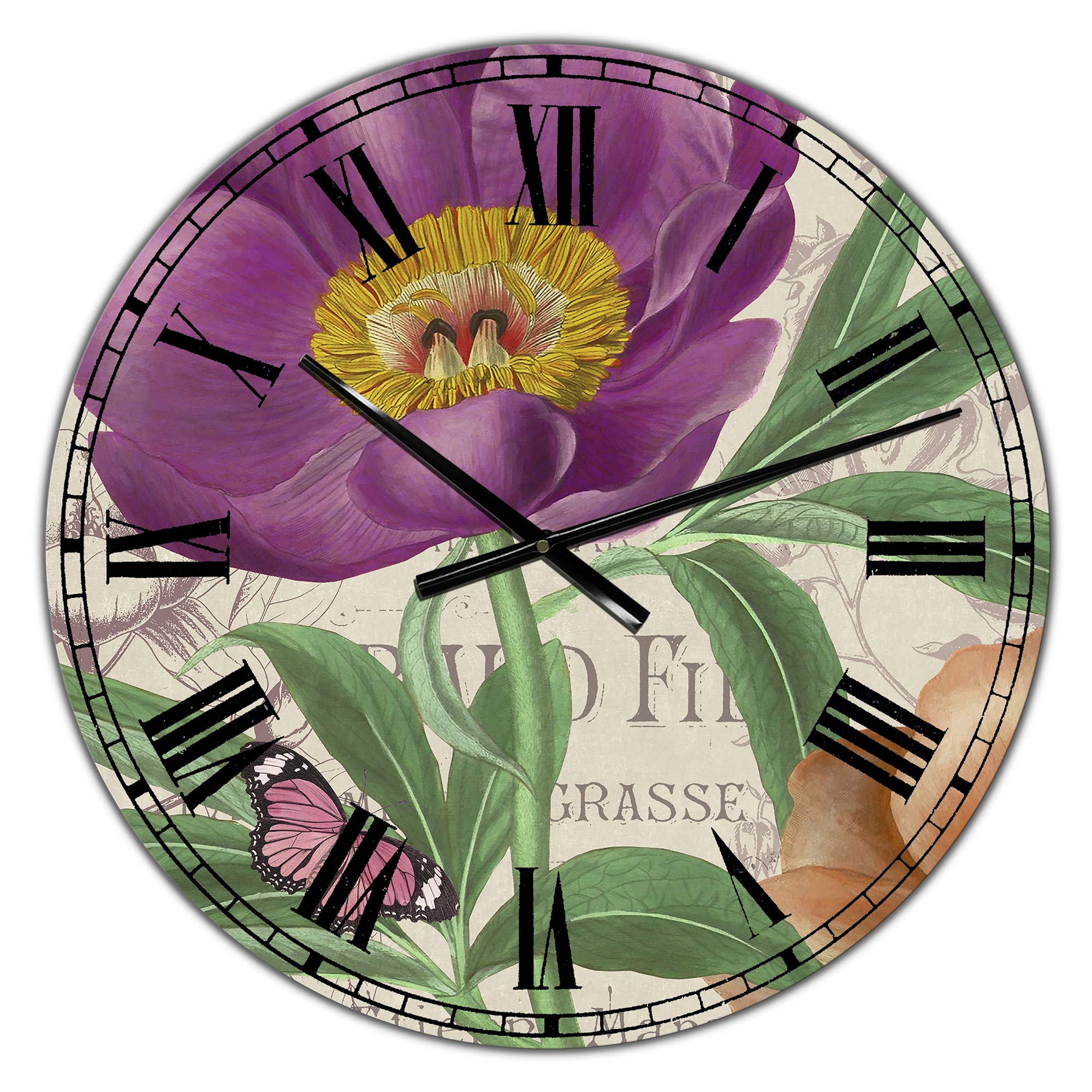 Designart Vintage Flowers IV Round Wall Clock - Cottage Style Metal Wall Art Decor for Home, Living Room, Bedroom & Office | Perfect for Farmhouse, Boho & Vintage Interior Design