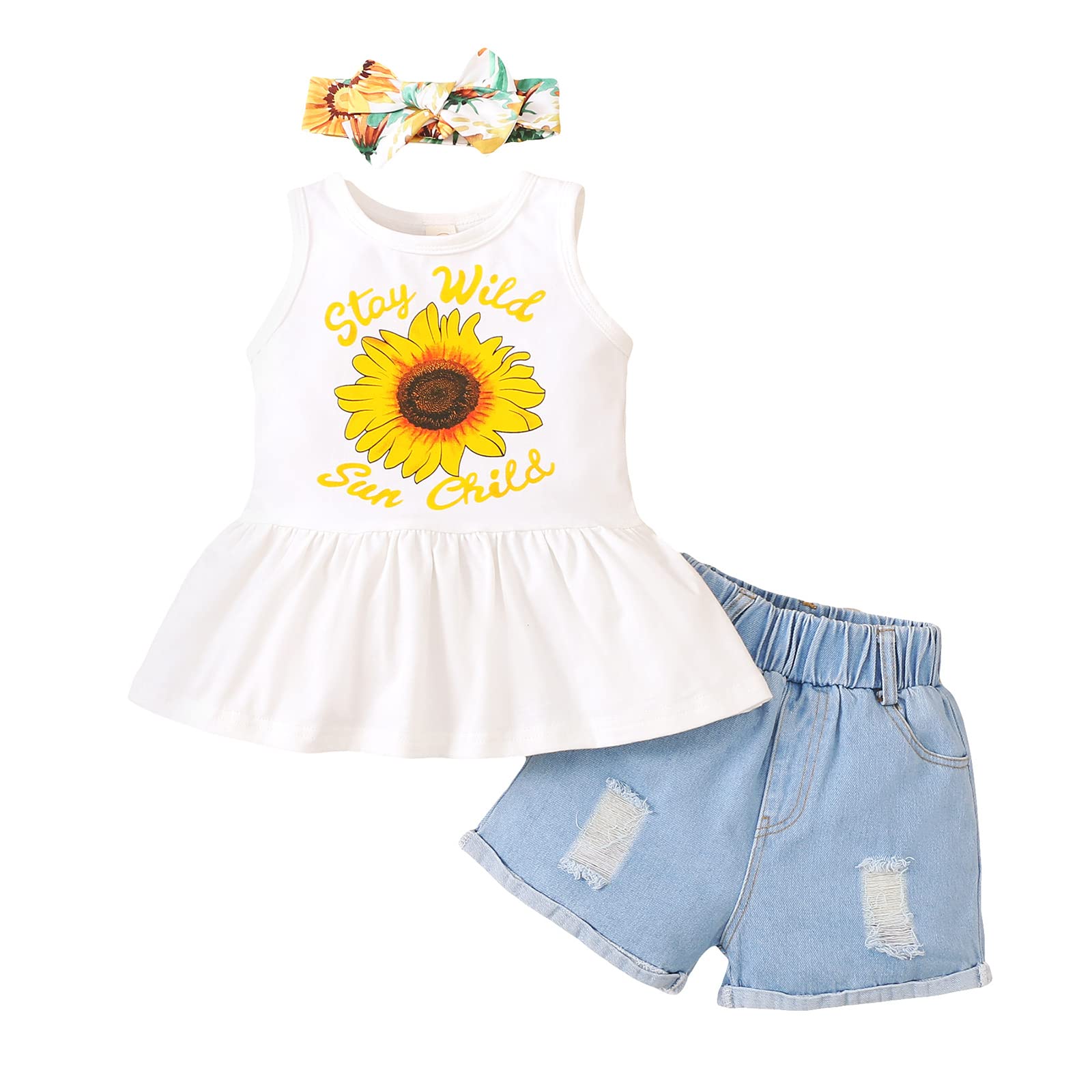 Camidy Toddler Girls Sunflower Outfit Set - Sleeveless Floral Vest Top & Denim Shorts with Headband | Summer Playwear, Beach Vacation, Birthday Party Outfits
