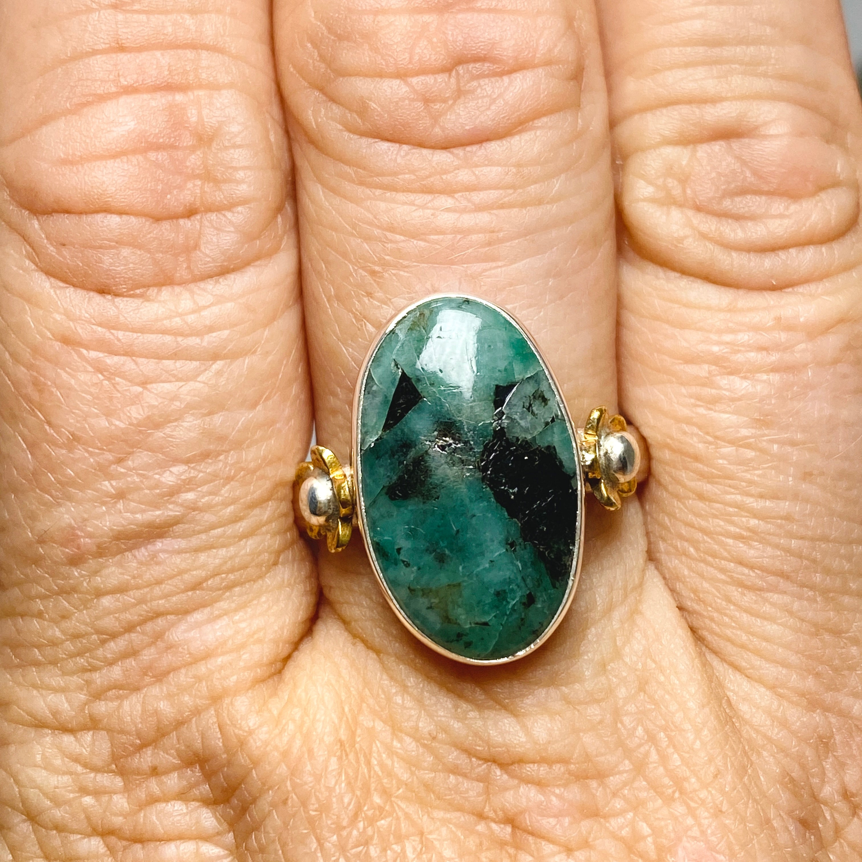 Emerald Oval Cabochon Ring with Brass Detailing - Size 11 - Handmade Boho Jewelry for Women - Perfect for Weddings, Parties & Everyday Wear - KPGJ3296