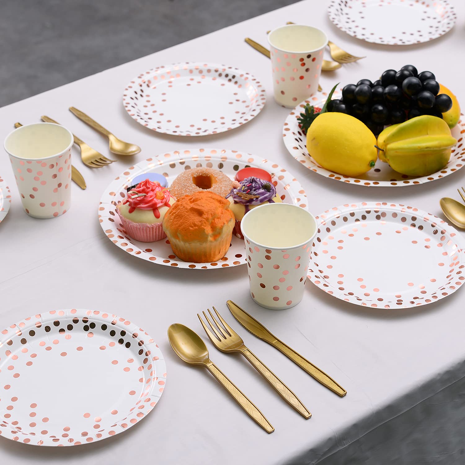 201-Piece Rose Gold Party Supplies Set - Rose Gold Dot on White Plates, Napkins, Cups & Silverware for 25 Guests | Perfect for Weddings, Bridal Showers, Engagements & Birthday Parties | Elegant Rose Gold Dot Theme for Stylish Celebrations