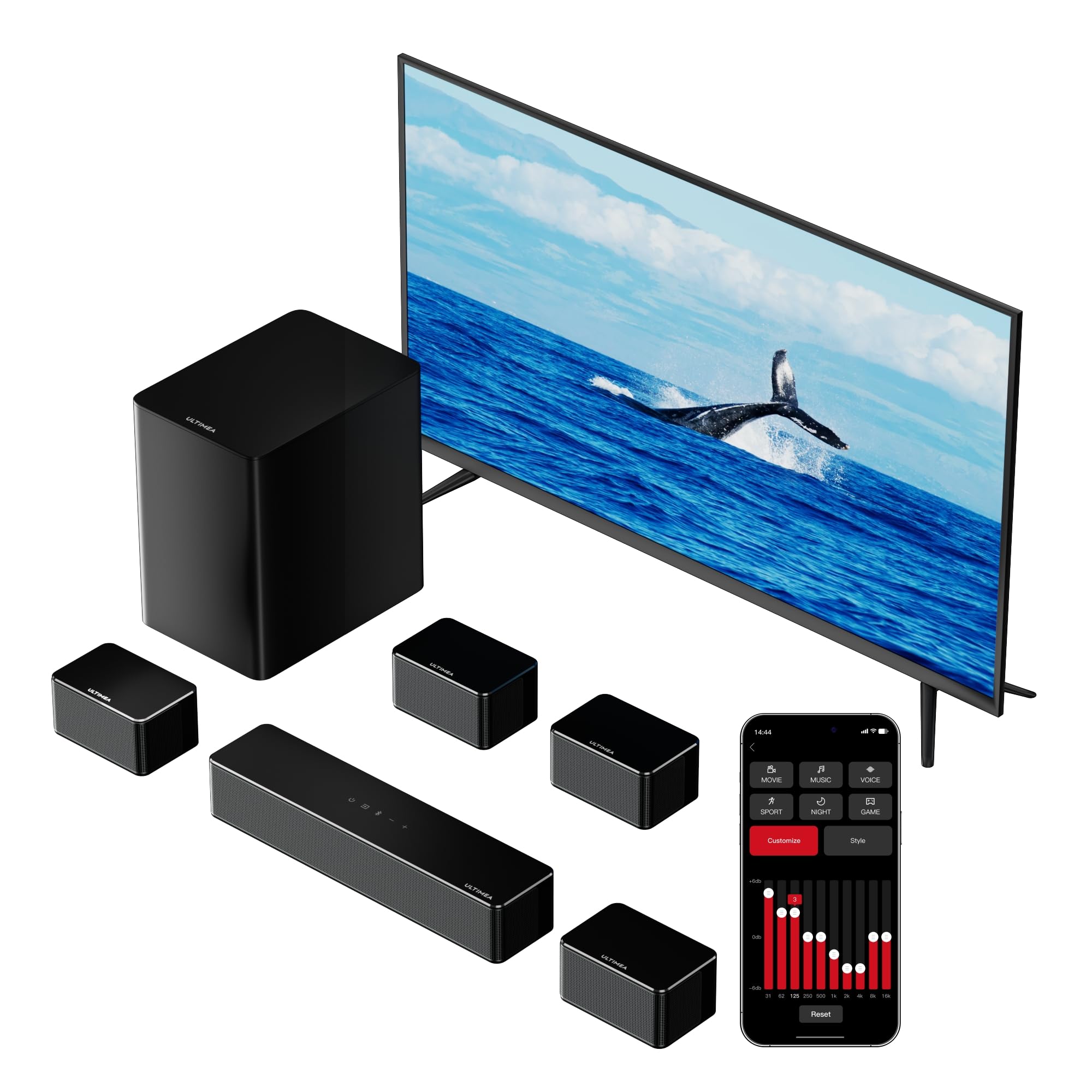 ULTIMEA 7.1 Channel Sound Bar for TV with Wireless Subwoofer - 410W Peak Power Virtual Surround Sound System, App Control, 4 Wired Speakers - Perfect for Home Theater, Gaming & Movie Nights