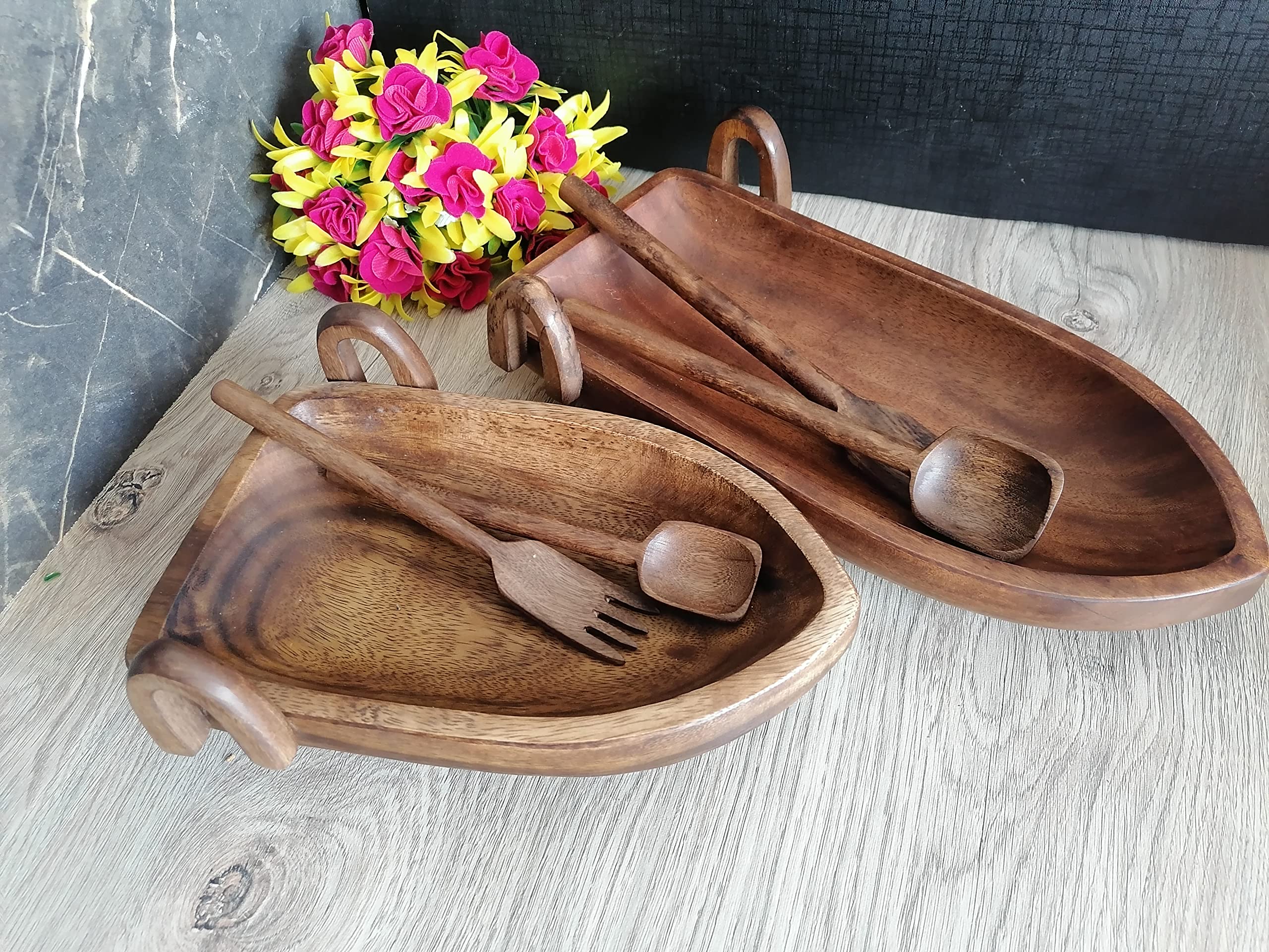 Premium Set of 2 Acacia Wood Serving Trays - Natural Brown Wooden Boat-Shaped Platters for Fruits, Salads, Snacks, Charcuterie & Appetizers | Includes 2 Forks & Spoons (10
