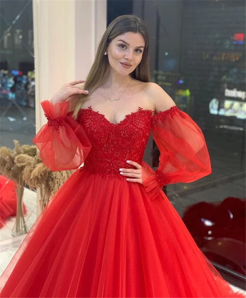Elegant Off Shoulder Lace Ball Gown Quinceanera Dress - Long Sleeve Wedding Dress in Dusty Blue | Plus Size Bridal Gown for Quinceañera, Prom & Formal Events