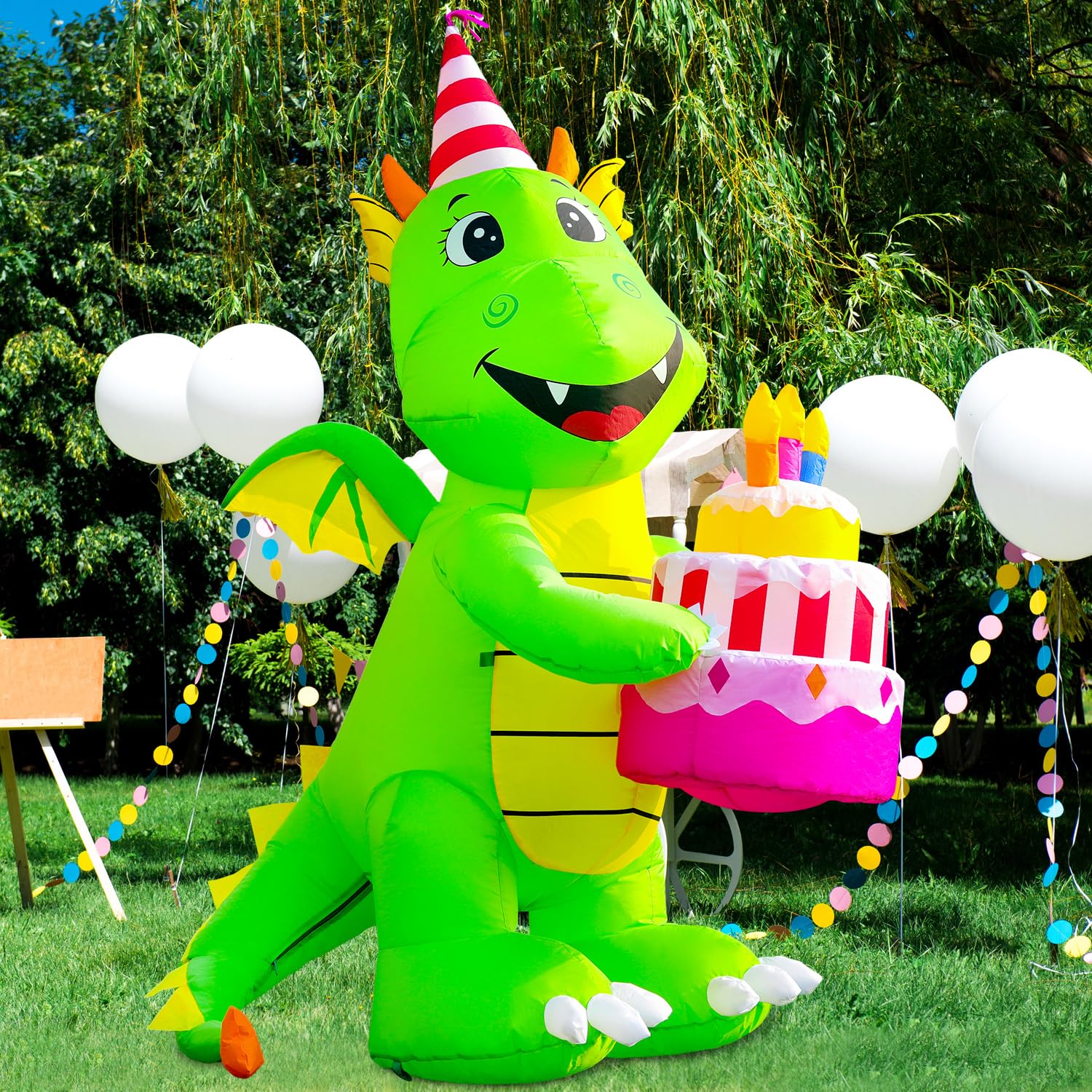 DomKom 6FT Inflatable Dinosaur Birthday Cake with Built-in LED Lights - Outdoor Indoor Party Decor for Garden, Yard, Lawn - Perfect for Birthday Celebrations, Baby Showers & Themed Events