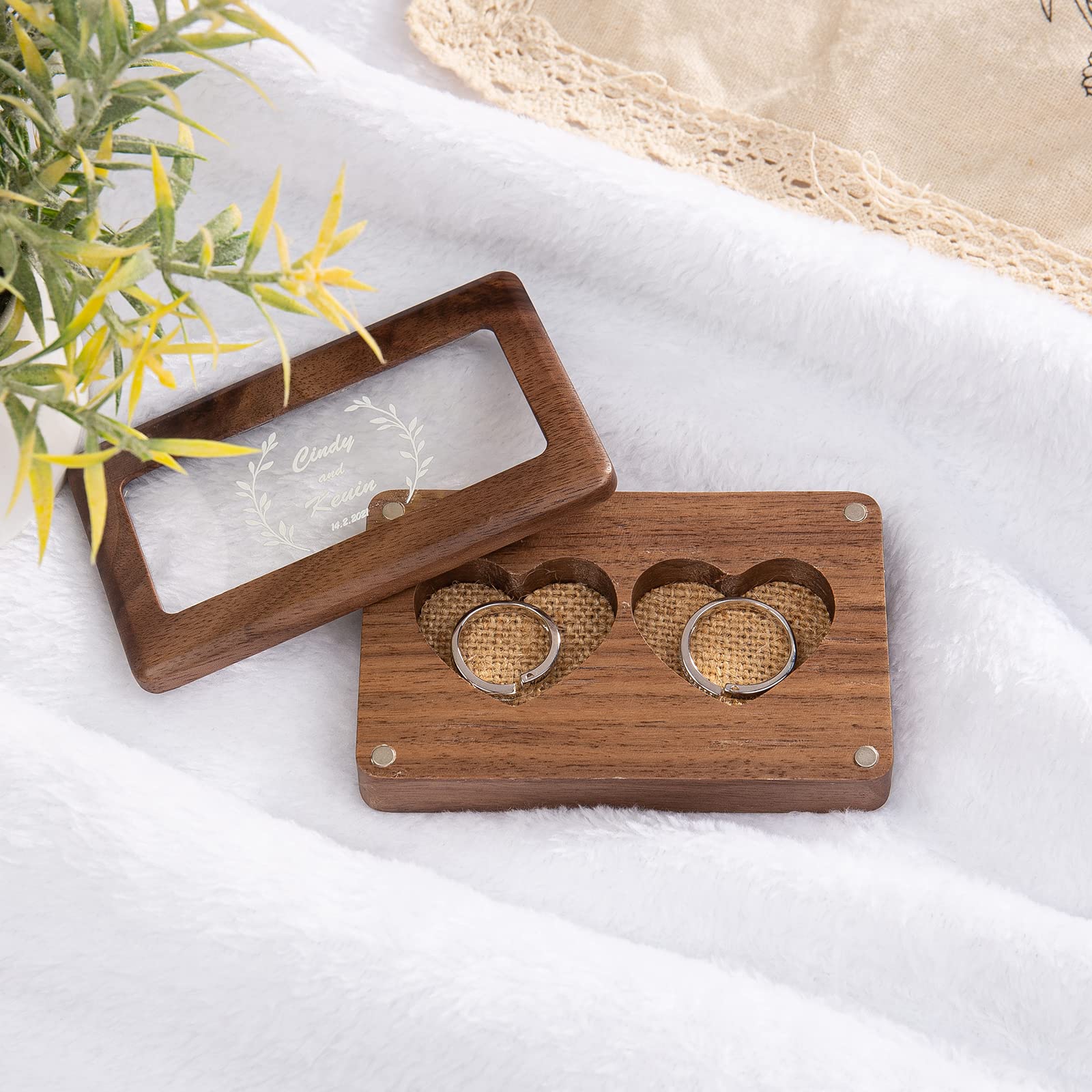 Engraved Wood Ring Box for Wedding & Engagement - Custom Double Jewelry Gift Box for Bride & Groom - Perfect for Ceremony, Proposal & Anniversary Gifts (Style 2)
