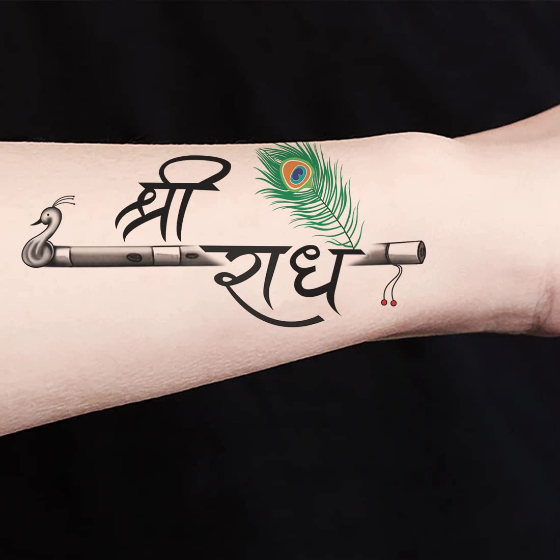 Shri Radhe Krishna Flute Temporary Tattoo - Waterproof Body Art for Kids & Adults - Colorful Indian Spiritual Tattoos for Festivals, Parties & Cultural Events