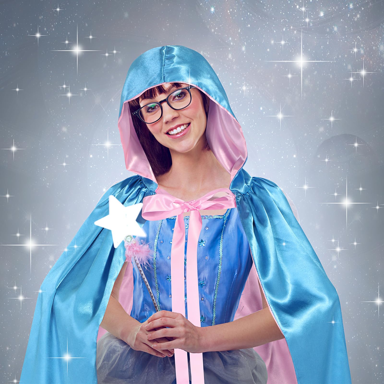 Blue Fairy Hooded Cloak Costume for Women - Polyester Cape with Pink Ribbon | Princess Cosplay, Renaissance Fair, Halloween Dress Up, Fantasy Costume Party