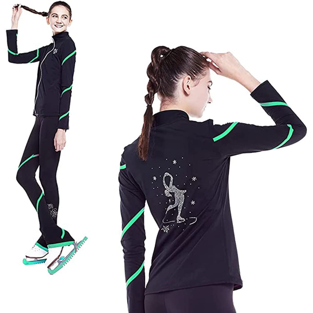 LIUHUO Figure Skating Spiral Jacket & Fleece Pants Set for Women and Girls - Warm Yellow Winter Training Outfit for Ice Skating, Gymnastics, and Cold Weather Activities